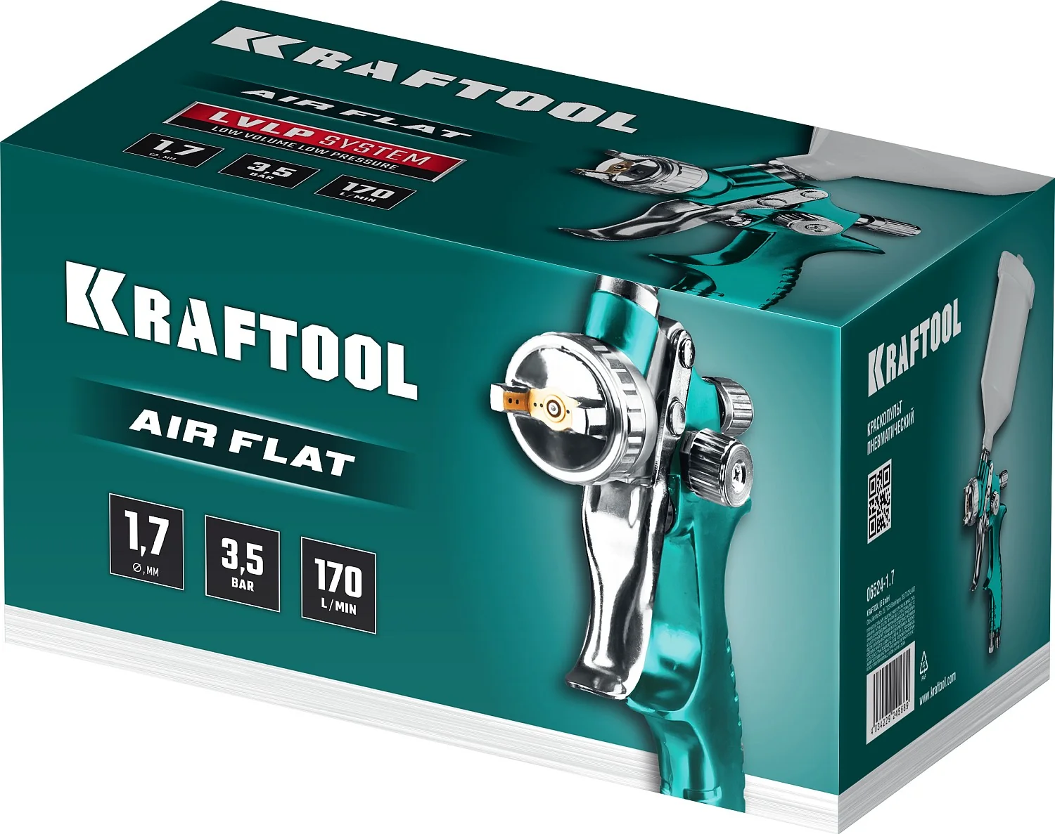 Пневматический краскопульт KRAFTOOL 06524-1.7 AirFlat, LVLP, 1.7 мм, с верхним бачком