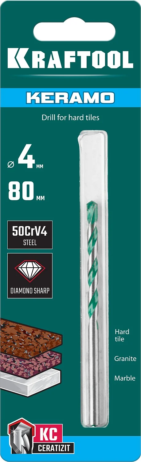 Сверло по керамограниту KRAFTOOL 29175-080-4 Keramo, 4 х 80 мм, тв.сплав КС