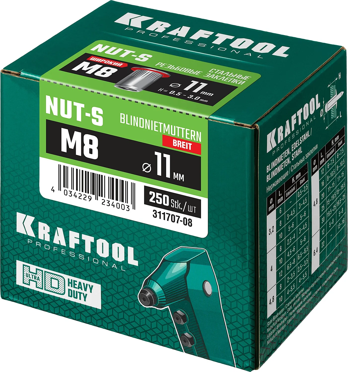 Заклепки резьбовые стальные KRAFTOOL М8, 250 шт, с насечками (311707-08)