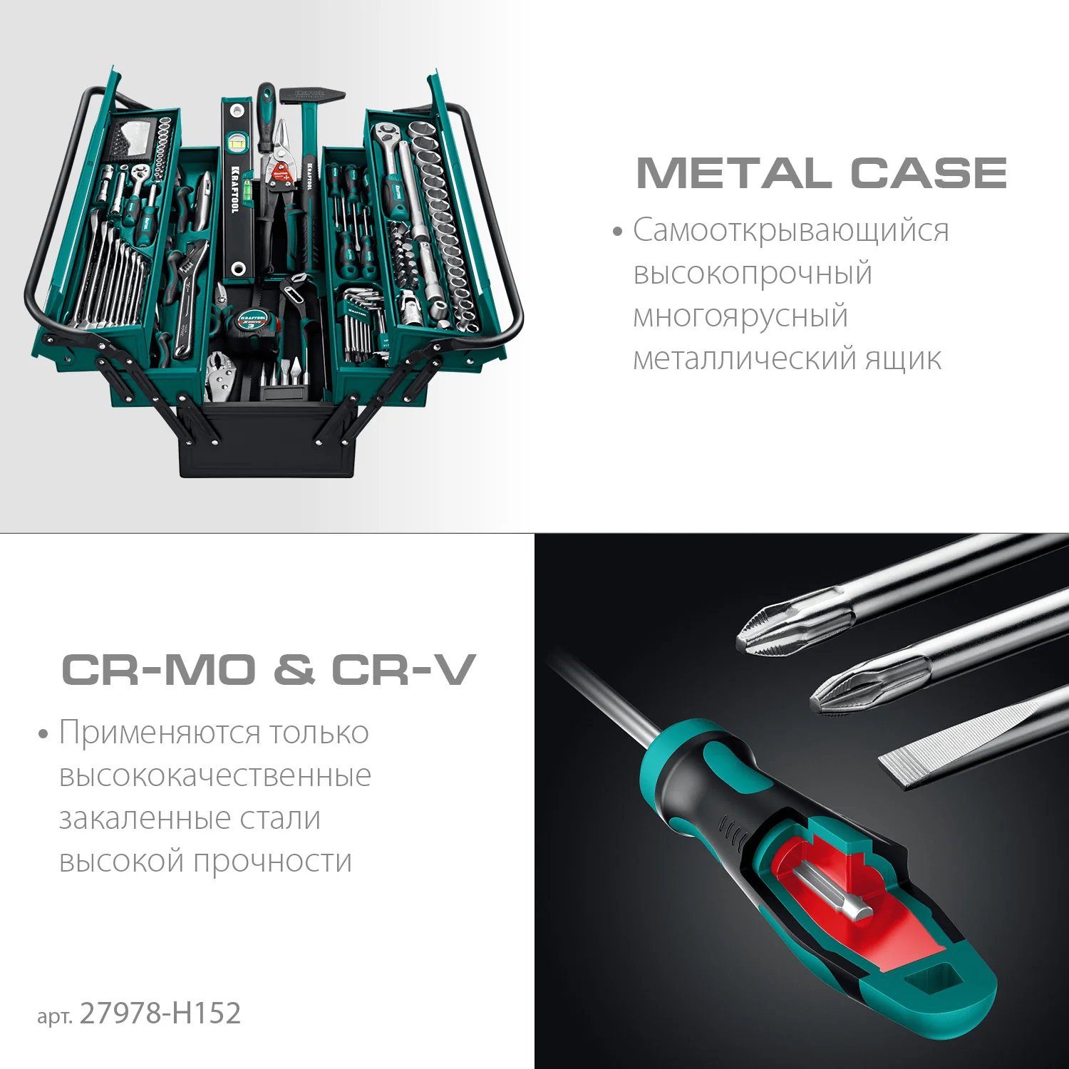 Универсальный набор инструмента KRAFTOOL GRAND-152, 152 предм., (1/2″+1/4″) (27978-H152)