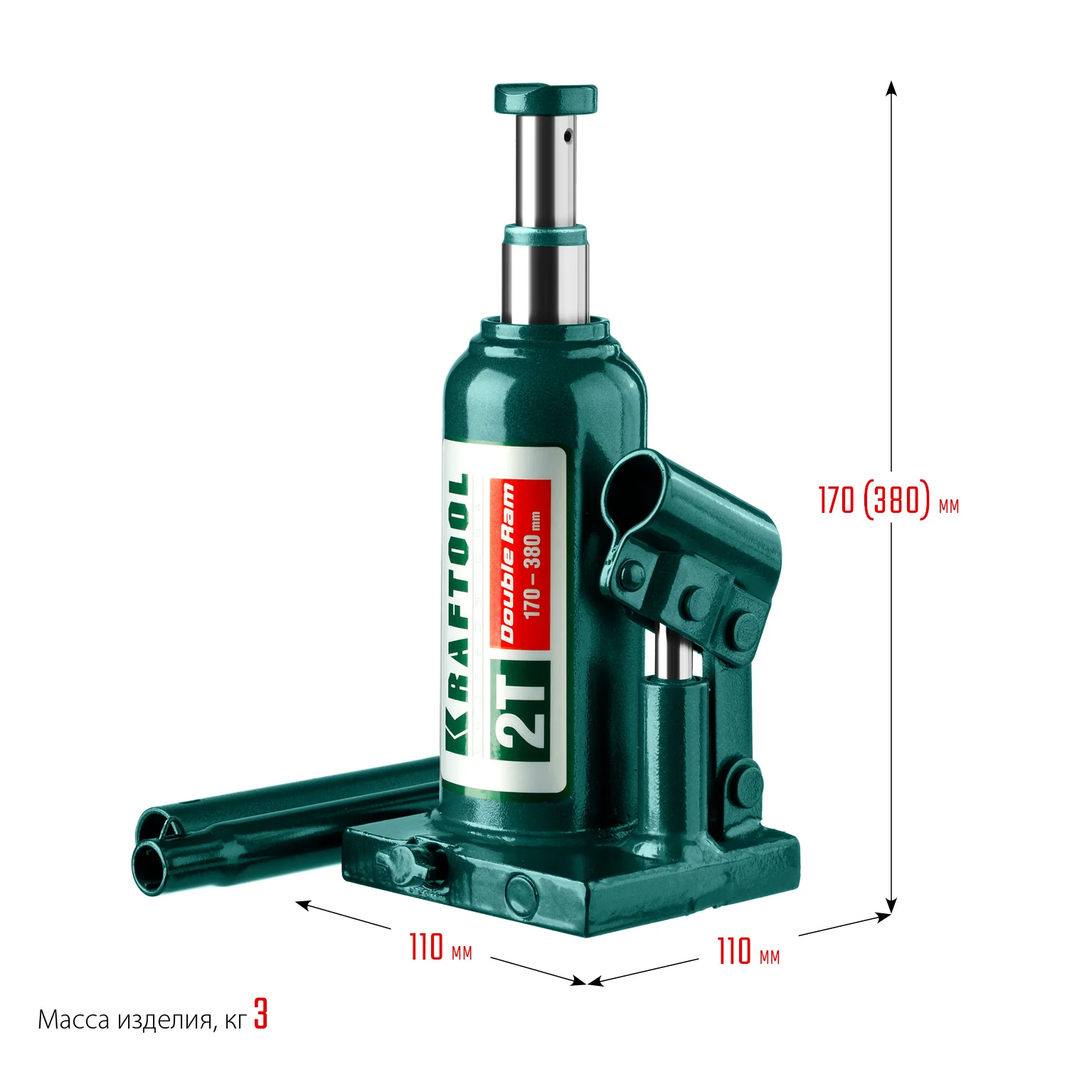Домкрат бутылочный двухштоковый KRAFTOOL 2 т, 170 - 380 мм, с увеличенным подъемом (43463-2)