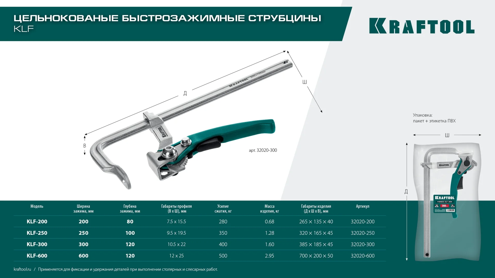 Струбцина быстрозажимная KRAFTOOL KLF-250, 250/100 мм (32020-250)