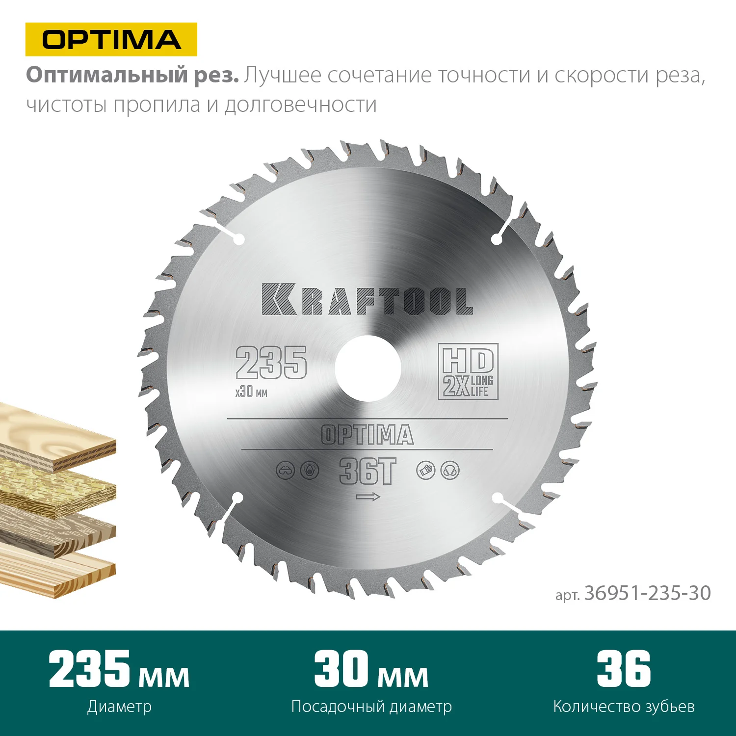Пильный диск по дереву KRAFTOOL 36951-235-30 Optima, 235 х 30 мм, 36Т