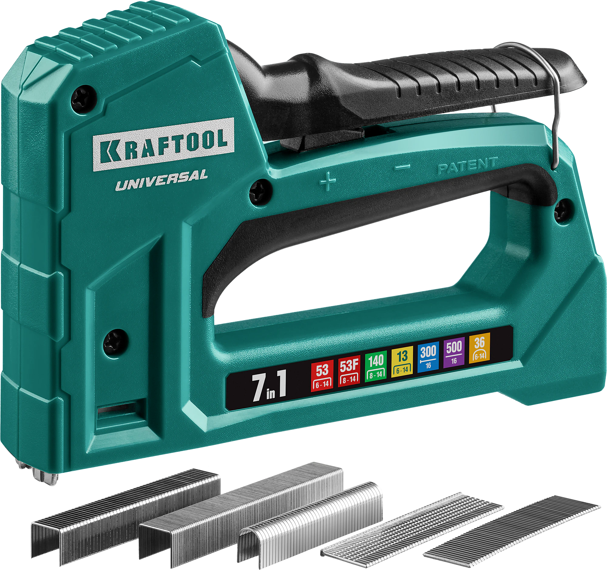 Степлер KRAFTOOL Universal, 7-в-1: 53 (A/10/JT21) 23GA (6 - 14 мм)/140 (G/11/57) 20GA (8 - 14 мм)/13/53F/36/500, унив