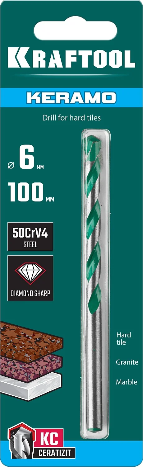 Сверло по керамограниту KRAFTOOL 29175-100-6 Keramo, 6 х 100 мм, тв.сплав КС