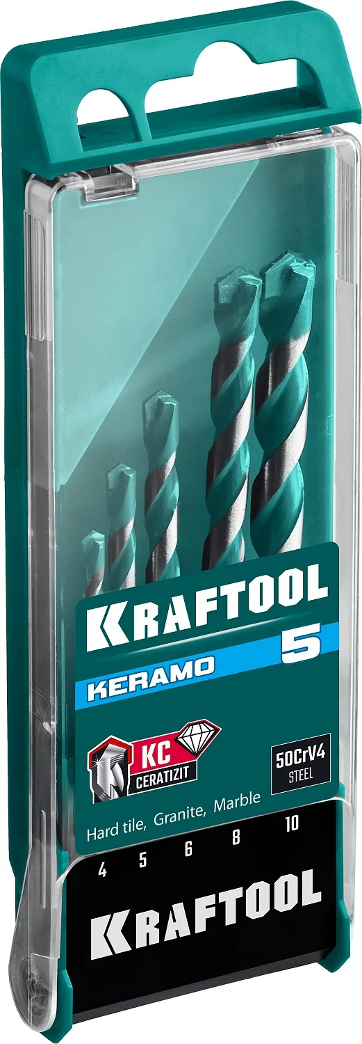 Набор сверл по керамограниту KRAFTOOL 29175-H5 Keramo, 5 шт: 4-5-6-8-10 мм с твердосплавной пластиной