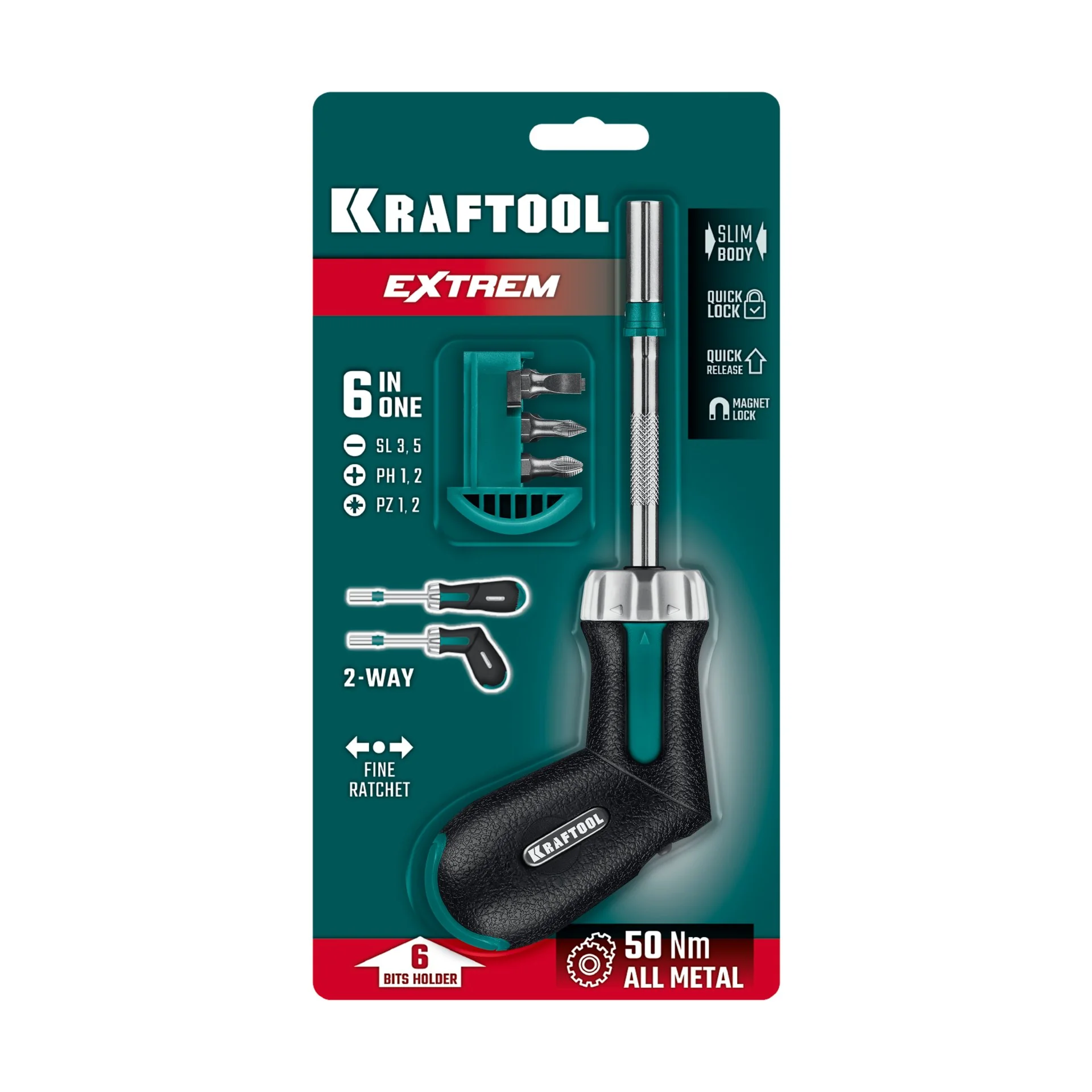 Набор: рычажная реверсивная отвертка с битами KRAFTOOL EXTREM, 6 шт (25899)