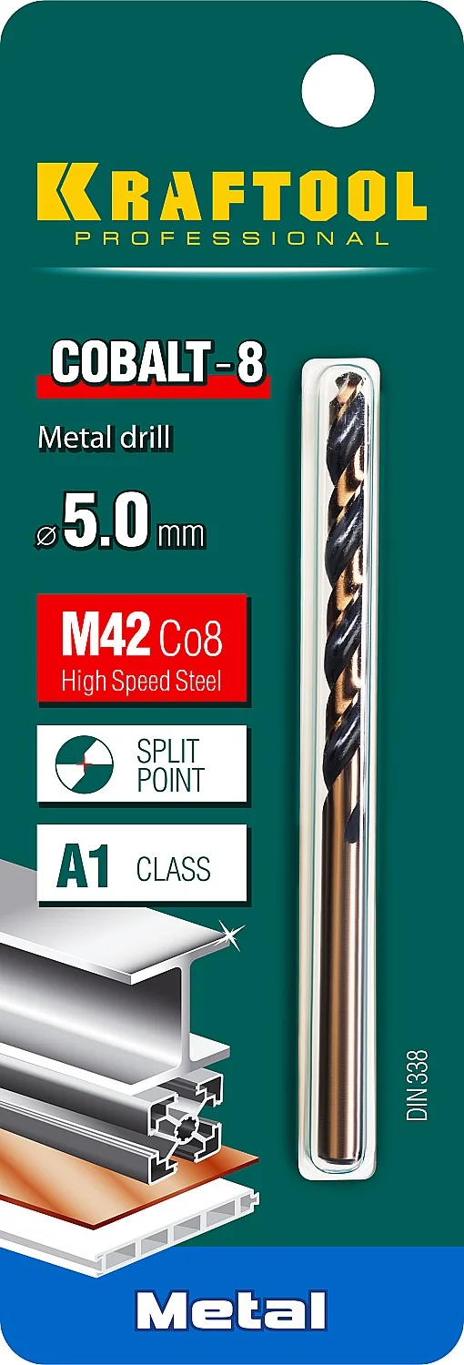 Сверло по металлу KRAFTOOL 29656-5 COBALT-8, 5.0 х 86 мм, сталь М42, HSS-Co(8%)