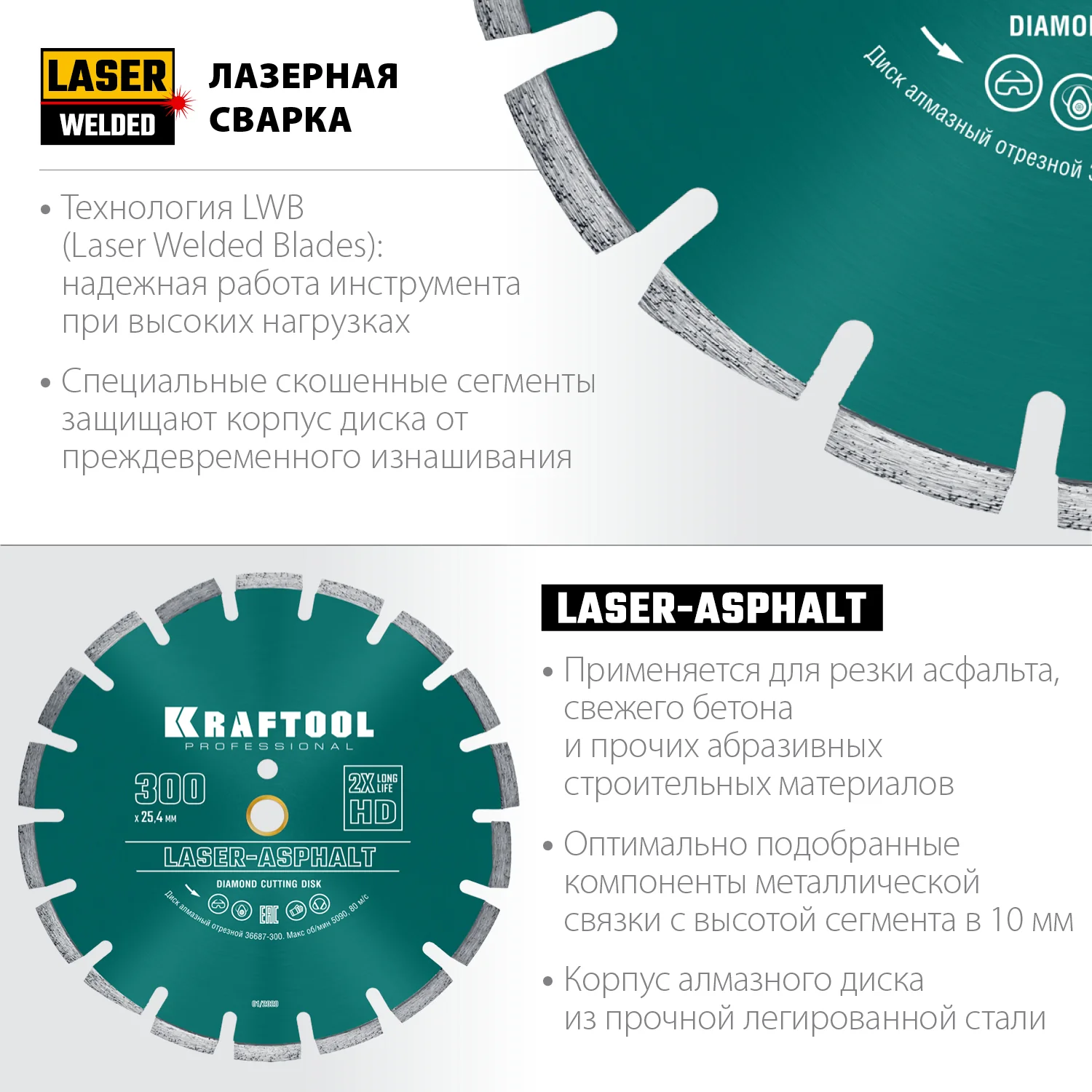 Алмазный диск KRAFTOOL 36687-300 LASER-ASPHALT 300 мм (25.4/20 мм, 10х3.2 мм)