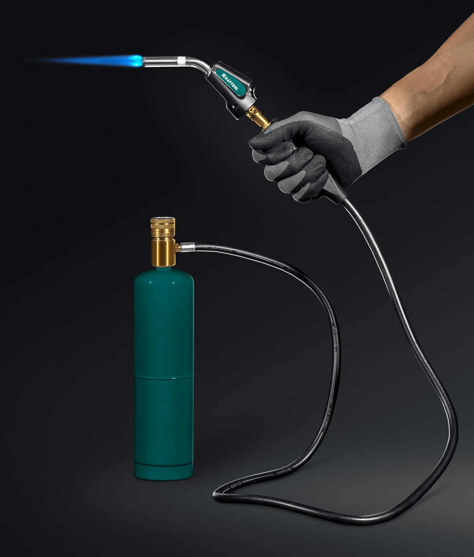 Горелка газовая KRAFTOOL со шлангом 1.4м с пьезоподжигом на баллон турбо нагрев + 30% 2000°C, Blue Fire (55512)