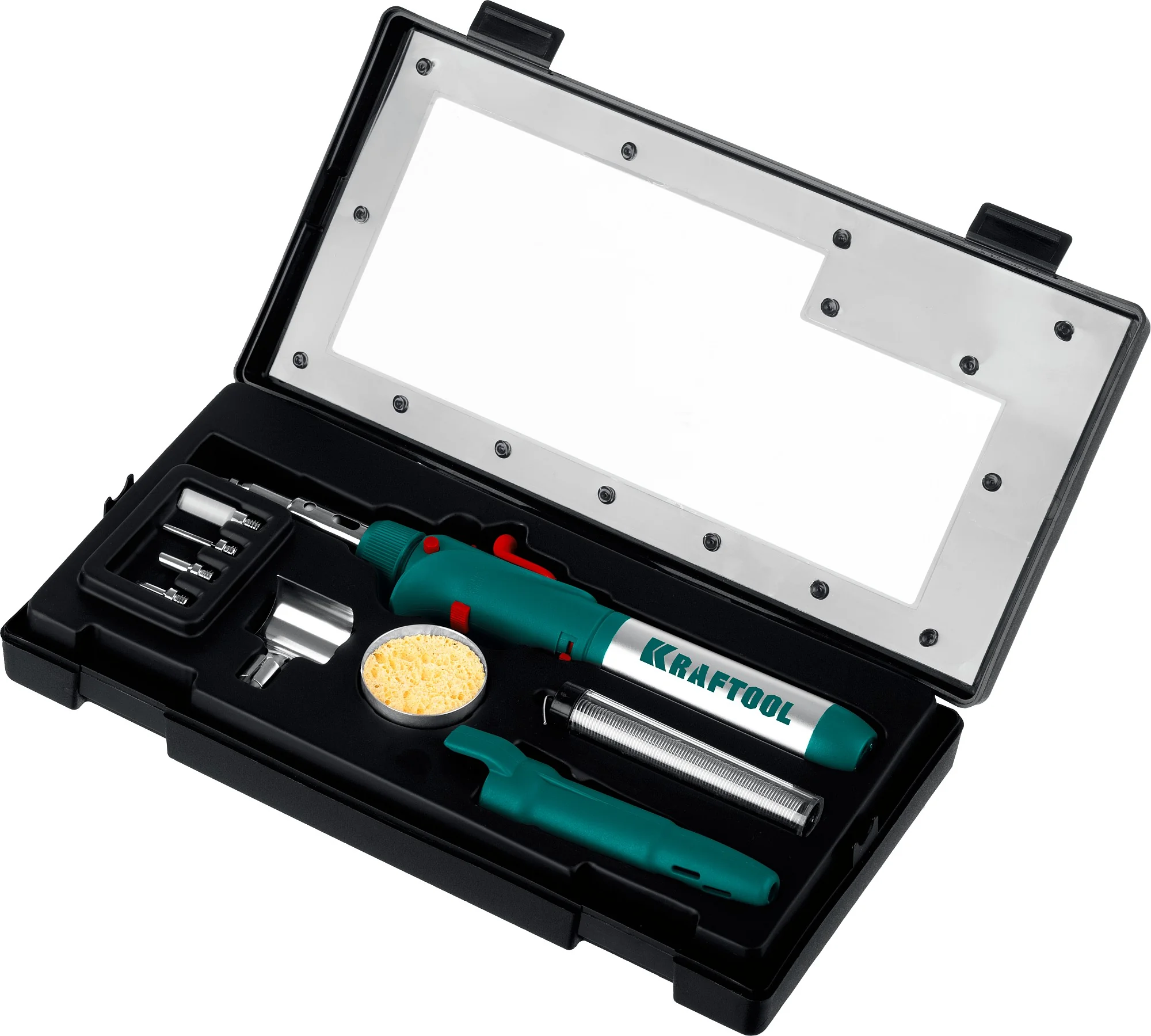 Паяльник газовый KRAFTOOL 120 K, 30 - 120 Вт, 1300°С, горелка, фен, пьезоподжиг, набор 10 в 1 (55503-H10)