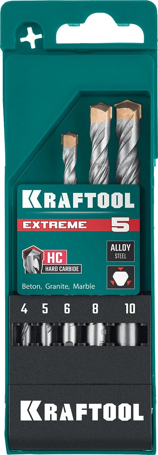 Набор сверл по бетону KRAFTOOL 29166-H5 Extreme, 5 шт: 4-5-6-8-10 мм, трехгранный хвостовик