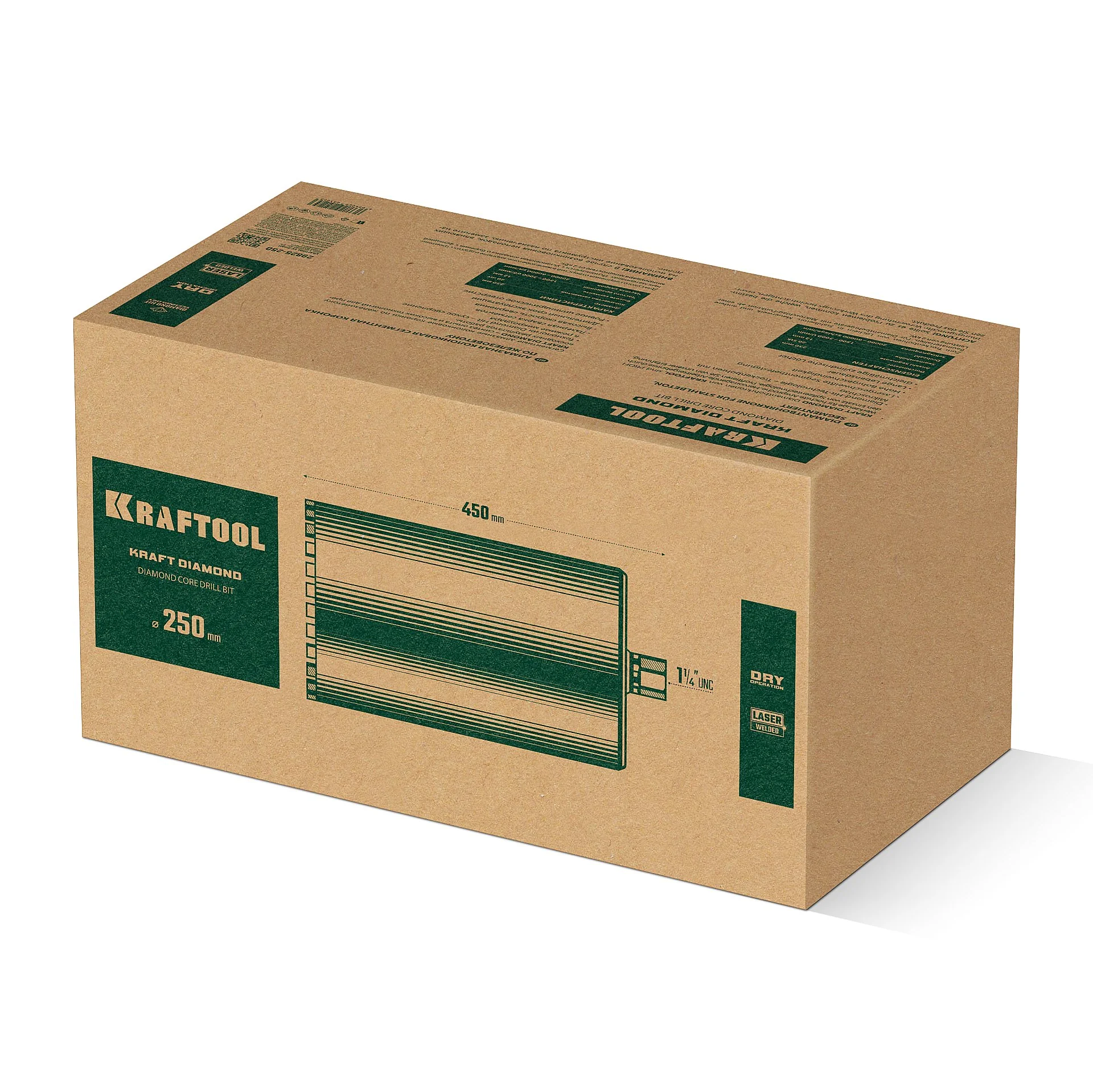 Алмазная коронка по железобетону KRAFTOOL 29825-250 DIAMOND 250 мм (450 мм, 1 1/4″, лазерная сварка сегментов)