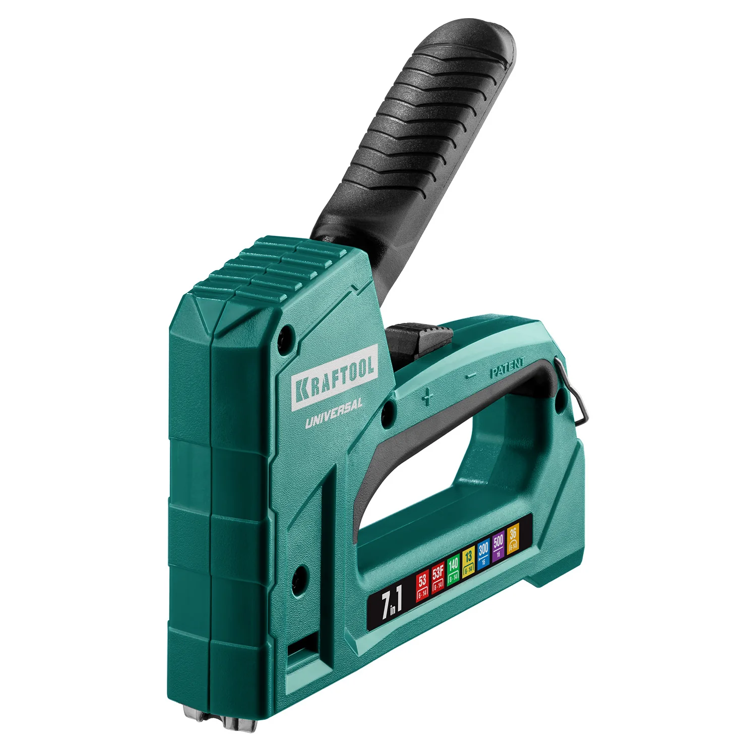 Степлер KRAFTOOL Universal, 7-в-1: 53 (A/10/JT21) 23GA (6 - 14 мм)/140 (G/11/57) 20GA (8 - 14 мм)/13/53F/36/500, унив
