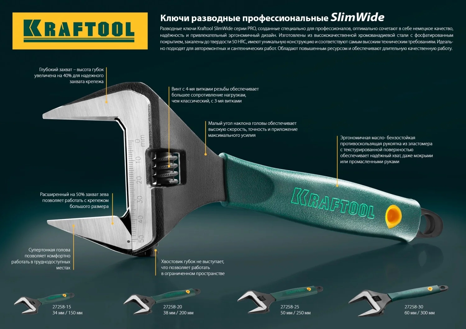 Разводной ключ KRAFTOOL SlimWide, 300/60 мм (27258-30)