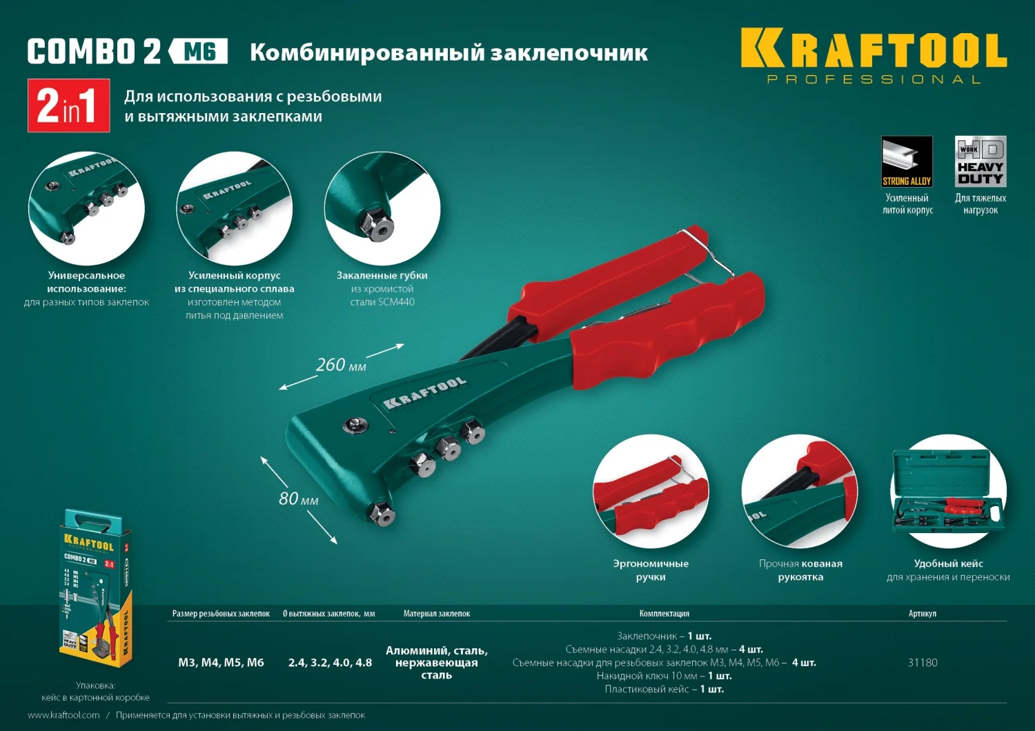 Заклепочник комбинированный литой KRAFTOOL 2 вида заклёпок, в кейсе (31180)