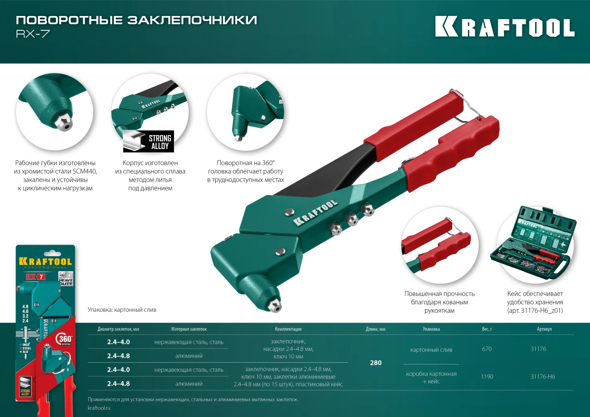 Заклепочник литой поворотный KRAFTOOL 360°, 2.4 - 4.8 мм, в кейсе (31176-H6)