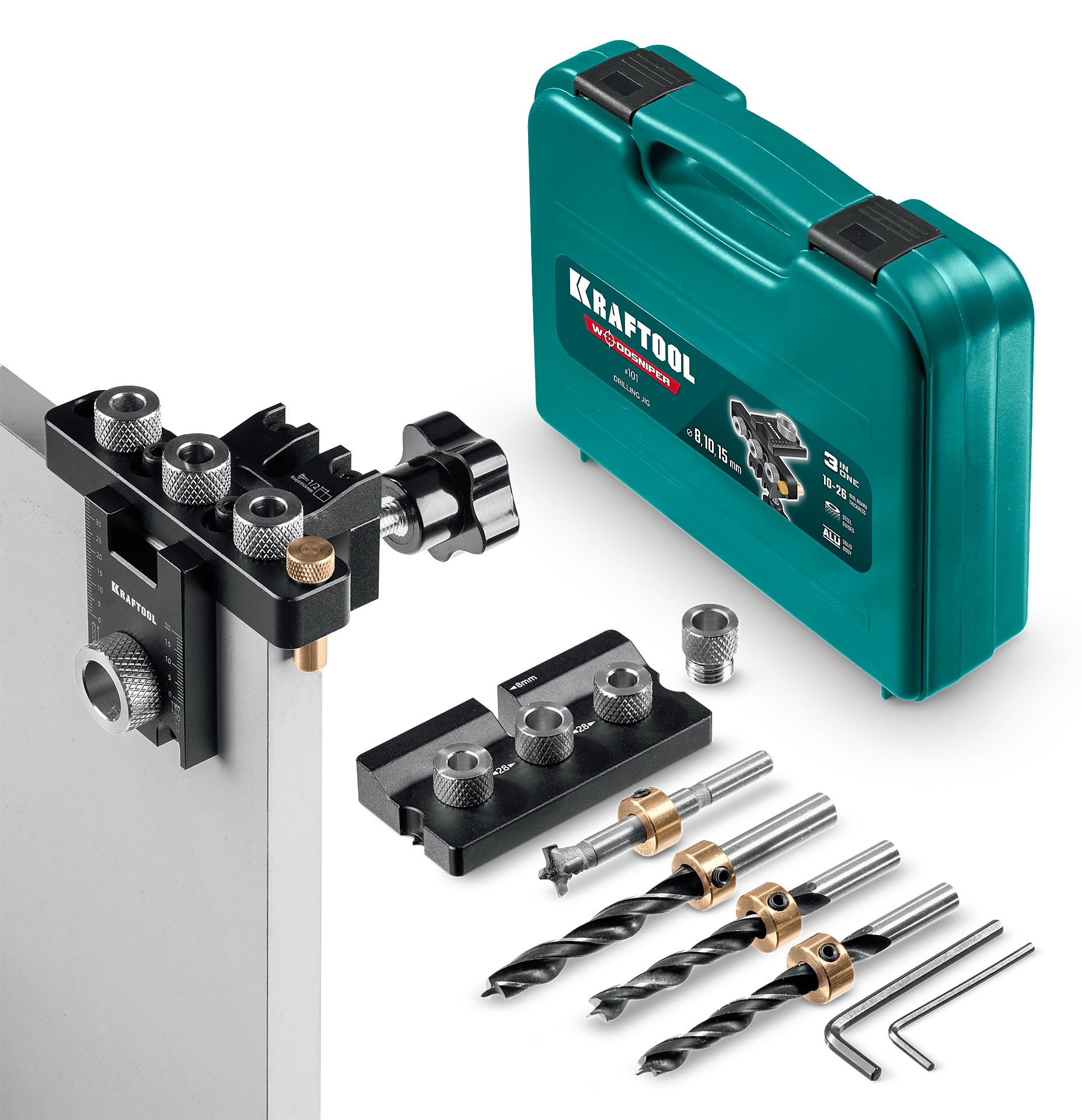 Кондуктор для эксцентриковых стяжек и шкантов KRAFTOOL 30072 Woodsniper 101, ″3-в-1″