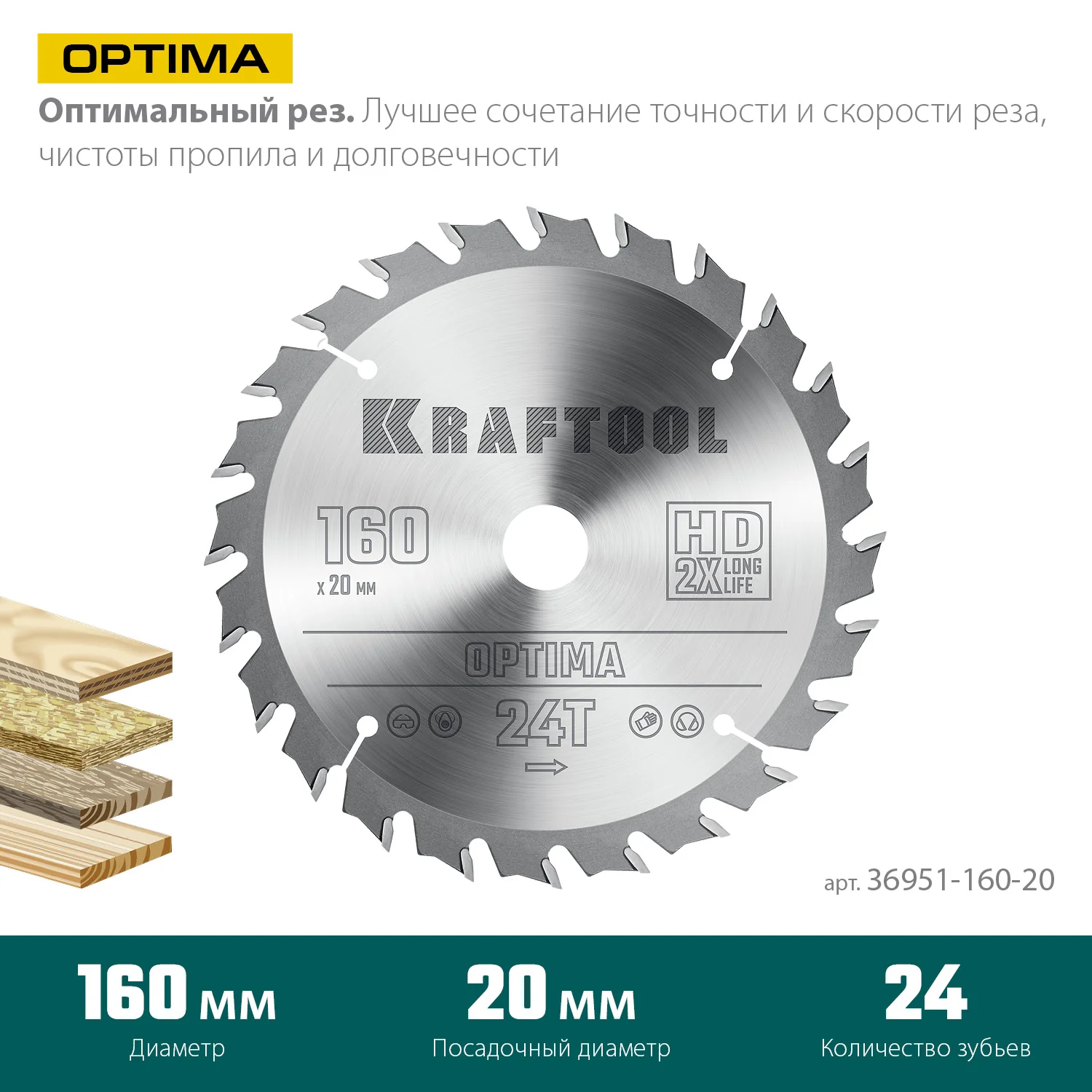 Пильный диск по дереву KRAFTOOL 36951-160-20 Optima, 160 х 20 мм, 24Т