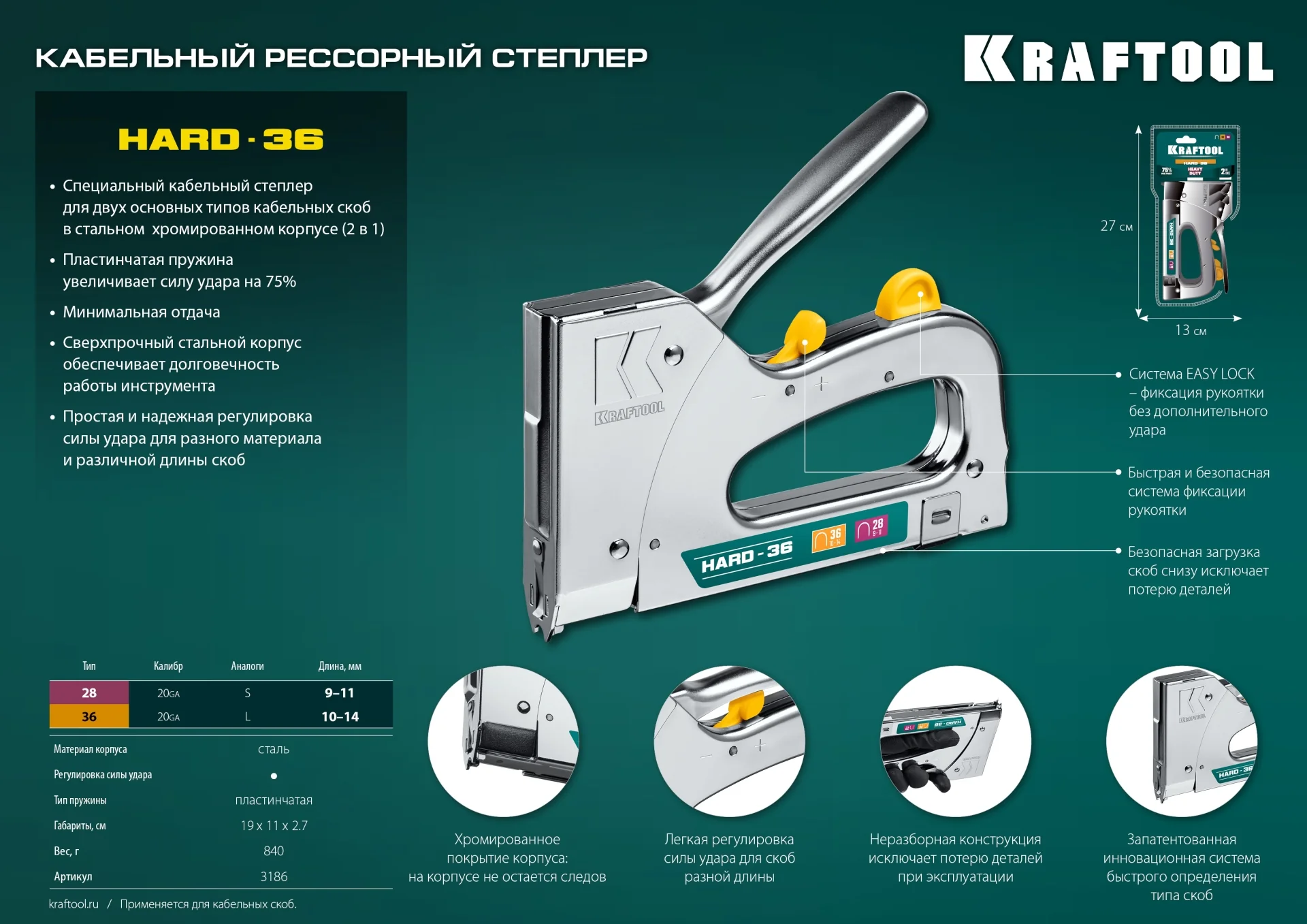 Степлер KRAFTOOL EXTREM 36, тип 36 (L) калибр 20GA (10 - 14 мм)/28, кабельный рессорный (3186)