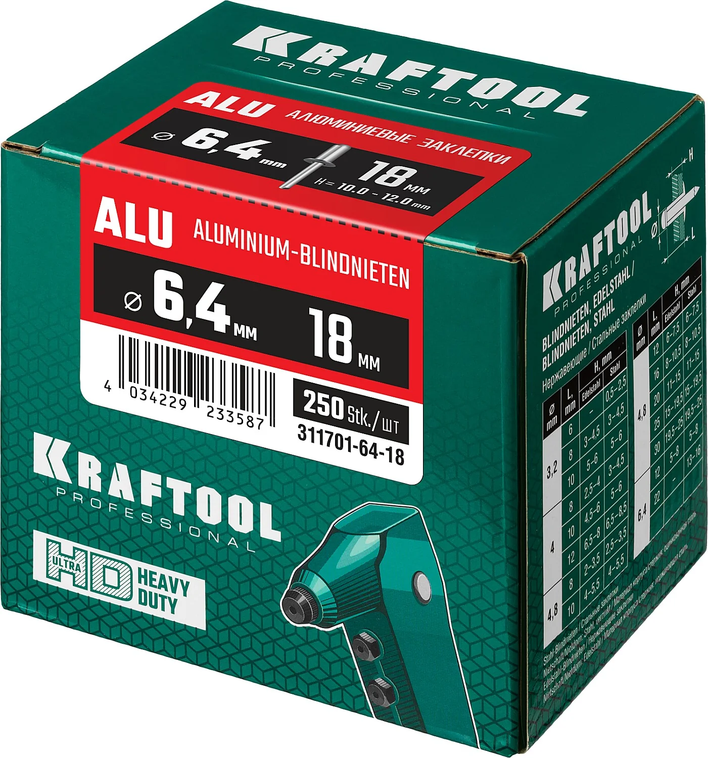 Заклепки алюминиевые KRAFTOOL 6.4 x 18 мм, 250 шт (311701-64-18)
