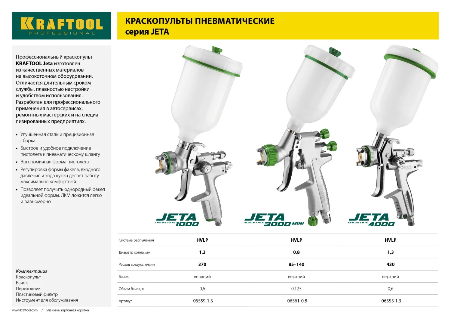 Пневматический краскопульт KRAFTOOL 06555-1.3 JETA 4000, HVLP, 1.3 мм, с верхним бачком