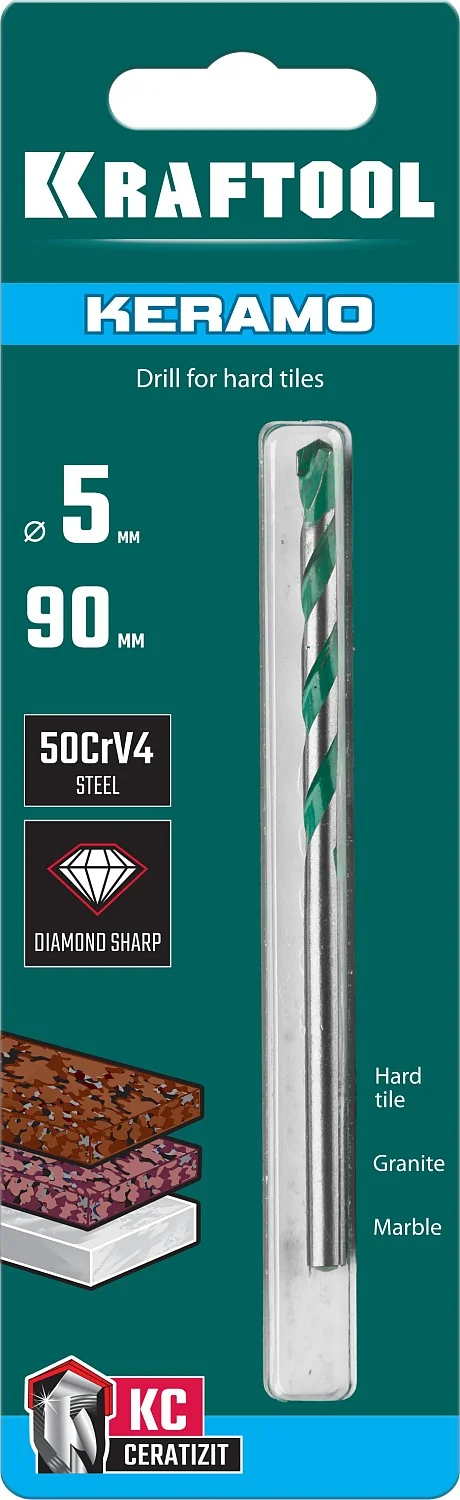 Сверло по керамограниту KRAFTOOL 29175-090-5 Keramo, 5 х 90 мм, тв.сплав КС