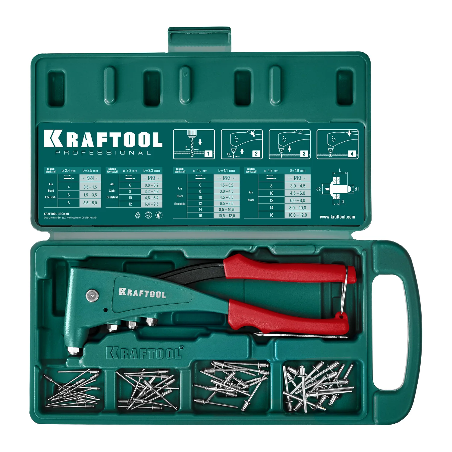Заклепочник литой KRAFTOOL 2.4 - 4.8 мм, удержание заклепки, в кейсе (31173-H6)