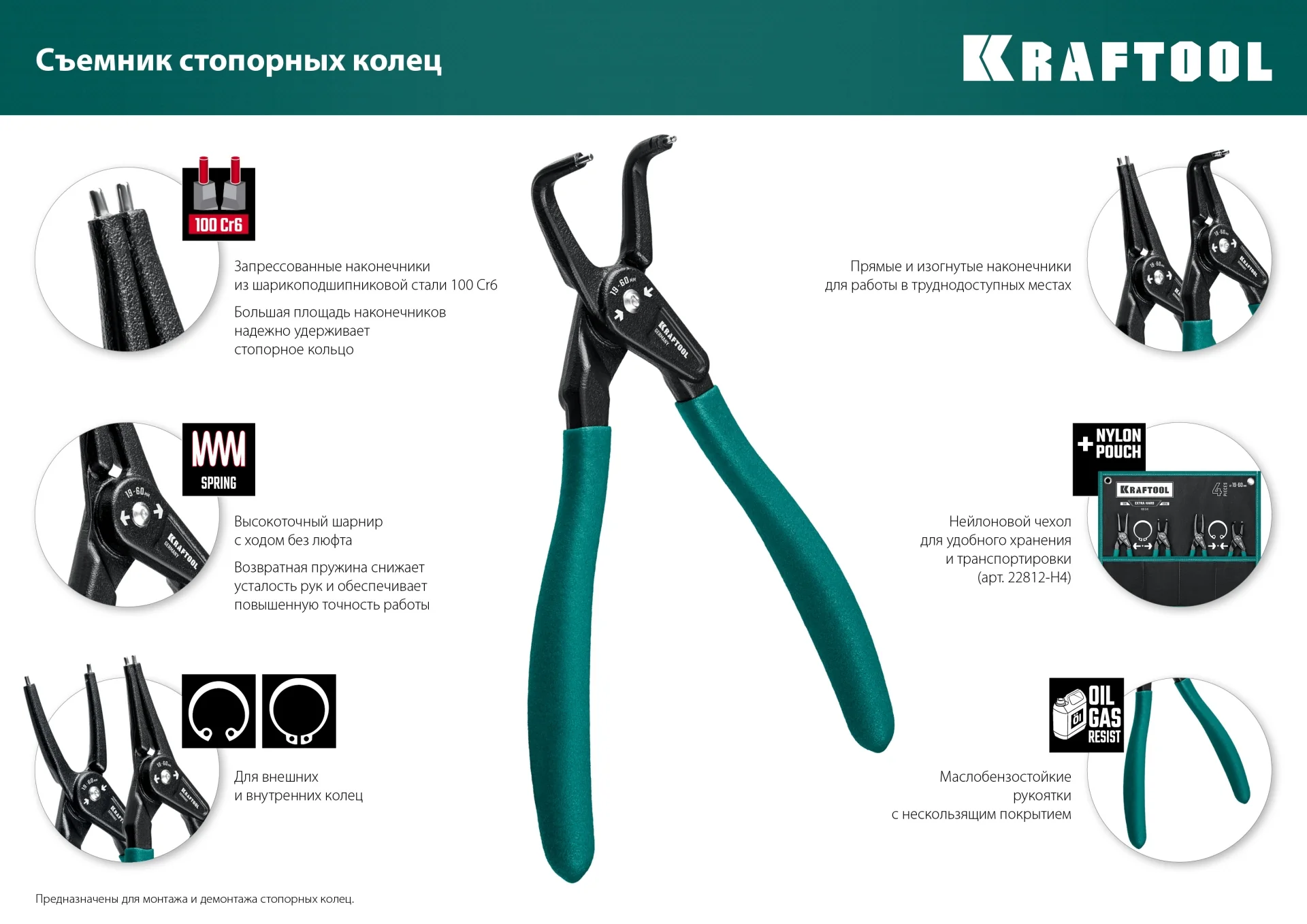 Съемник стопорных колец KRAFTOOL 180 мм, прямые губки, внутренний (22812-1)