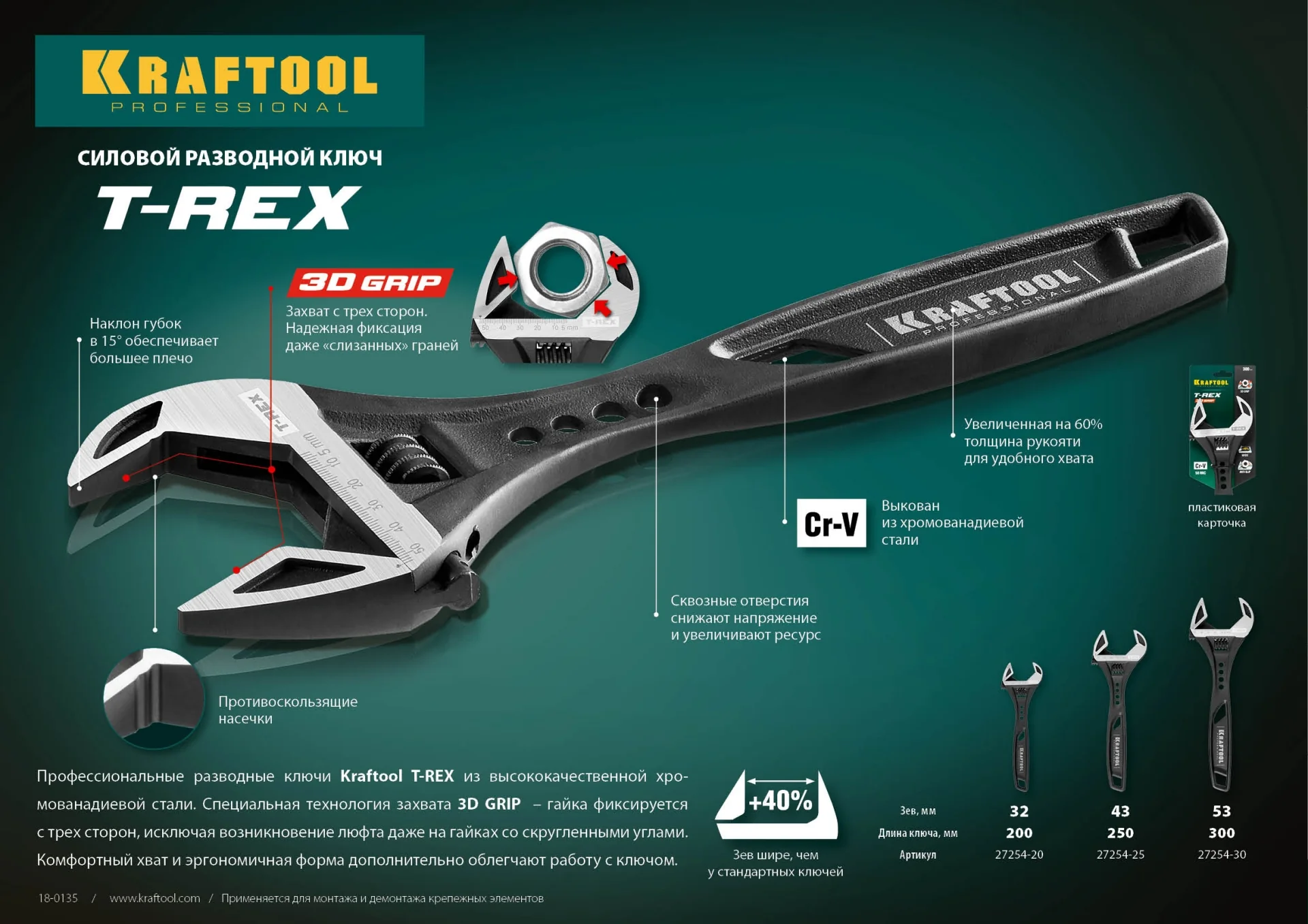 Силовой разводной ключ KRAFTOOL T-REX, 200/32 мм (27254-20)