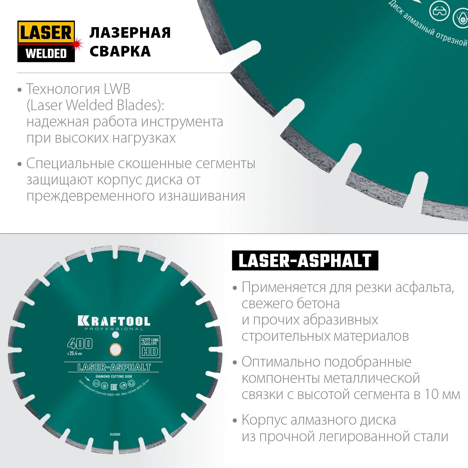 Алмазный диск KRAFTOOL 36687-400 LASER-ASPHALT 400 мм (25.4/20 мм, 10х3.4 мм)
