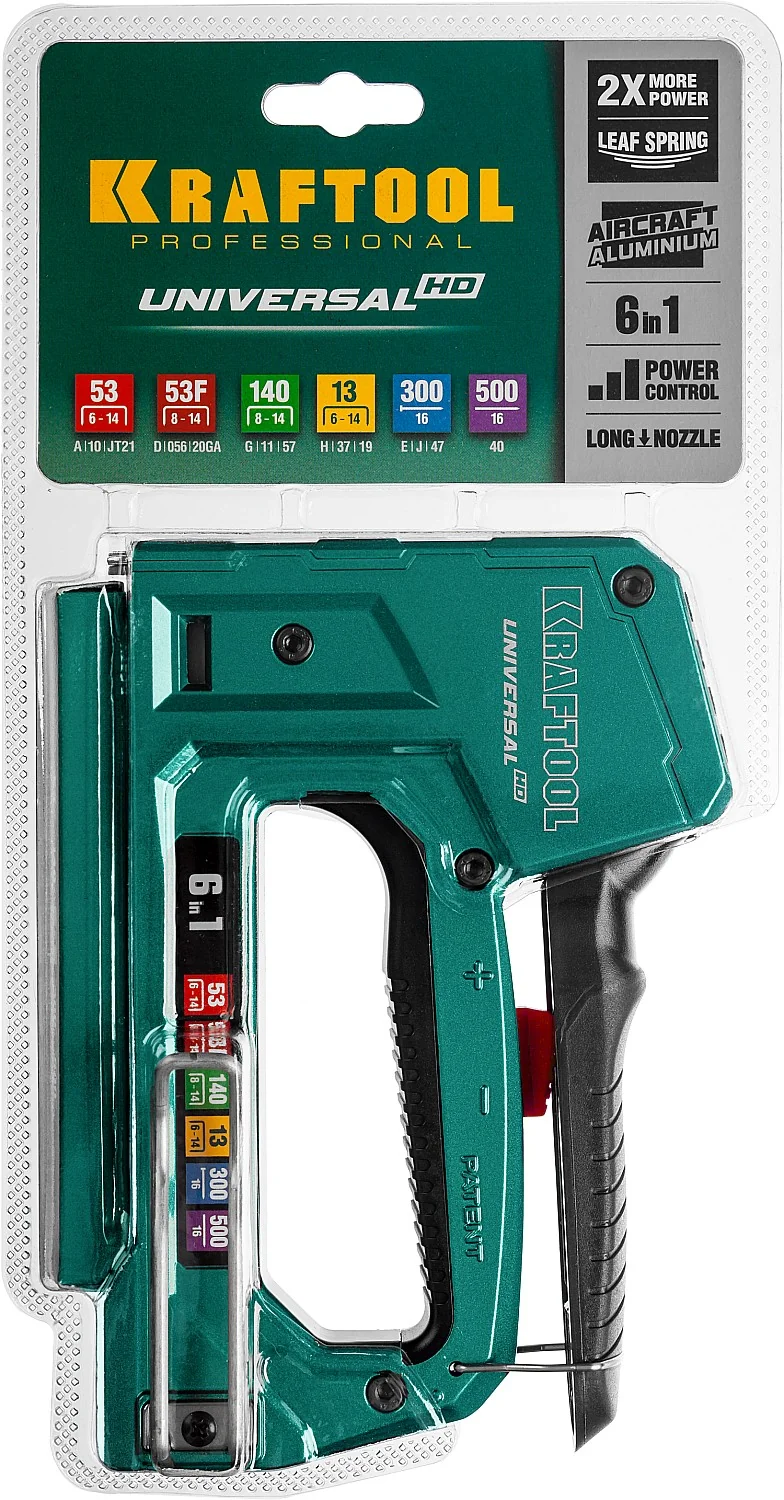 Степлер KRAFTOOL Universal-HD, 6-в-1: 53 (A/10/JT21) 23GA (6 - 14 мм)/140 (G/11/57) 20GA (8 - 14 мм)/13/53F/300/500, 