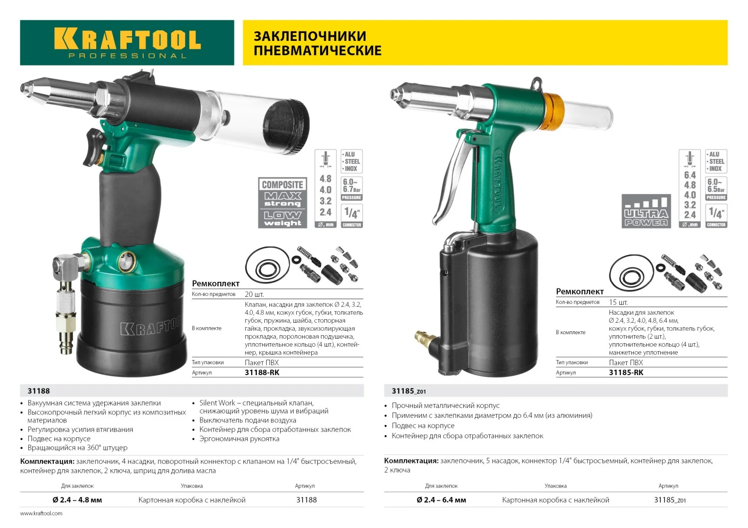 Пневматический заклепочник KRAFTOOL 31188 ARC-48, 2.4 - 4.8 мм, Vacuum-Lock
