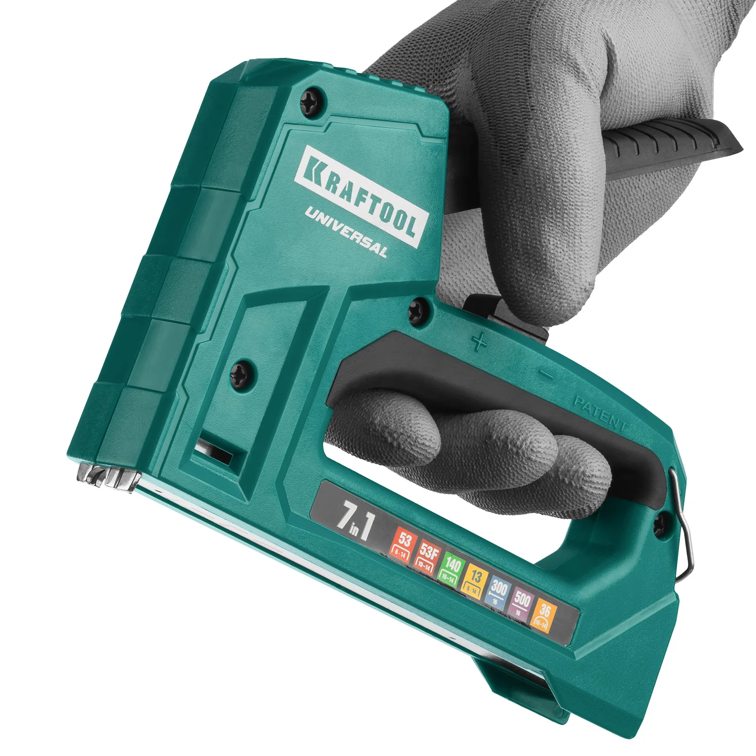 Степлер KRAFTOOL Universal, 7-в-1: 53 (A/10/JT21) 23GA (6 - 14 мм)/140 (G/11/57) 20GA (8 - 14 мм)/13/53F/36/500, унив