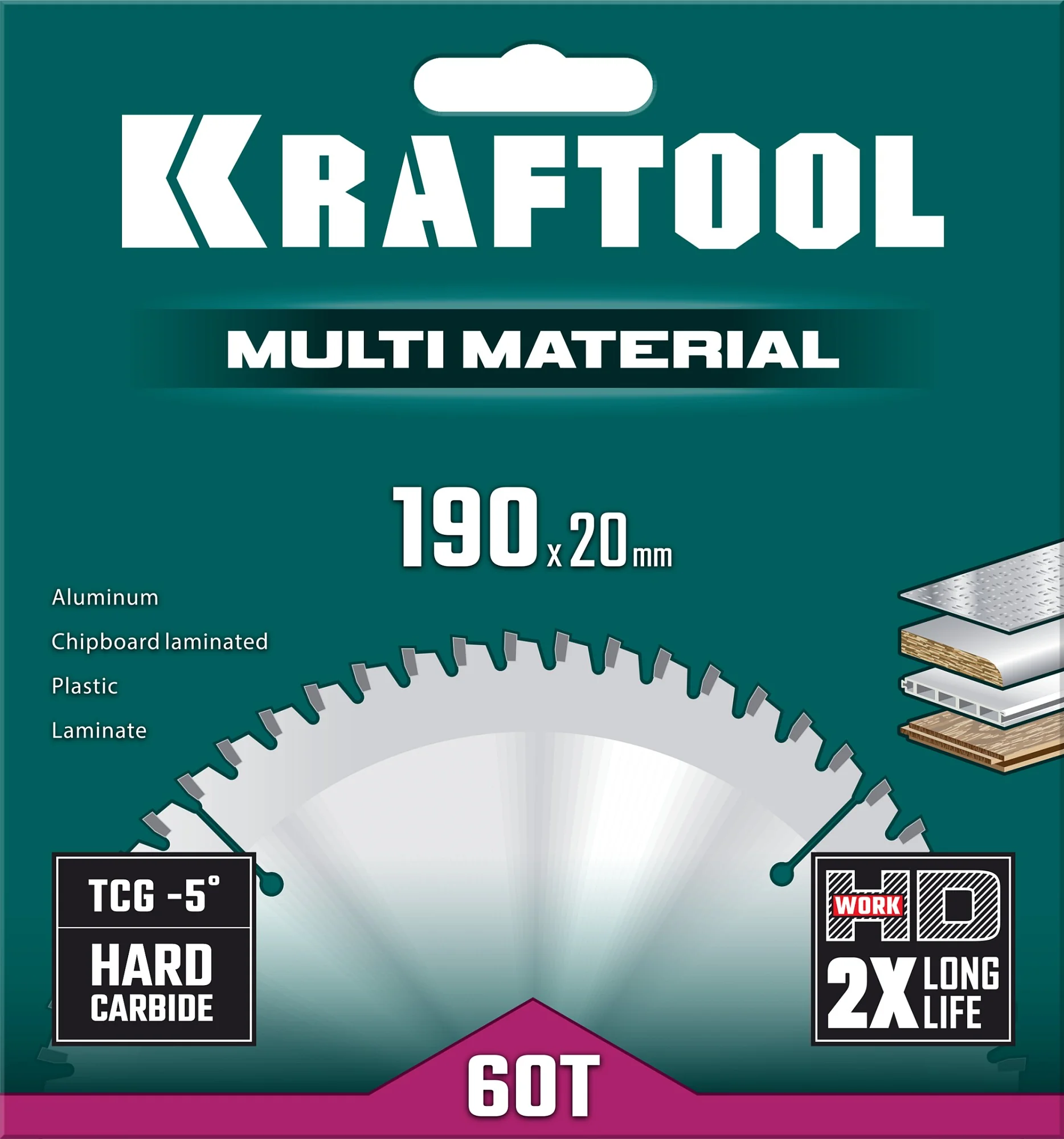 Пильный диск по алюминию KRAFTOOL 36953-190-20 Multi Material, 190 х 20 мм, 60Т
