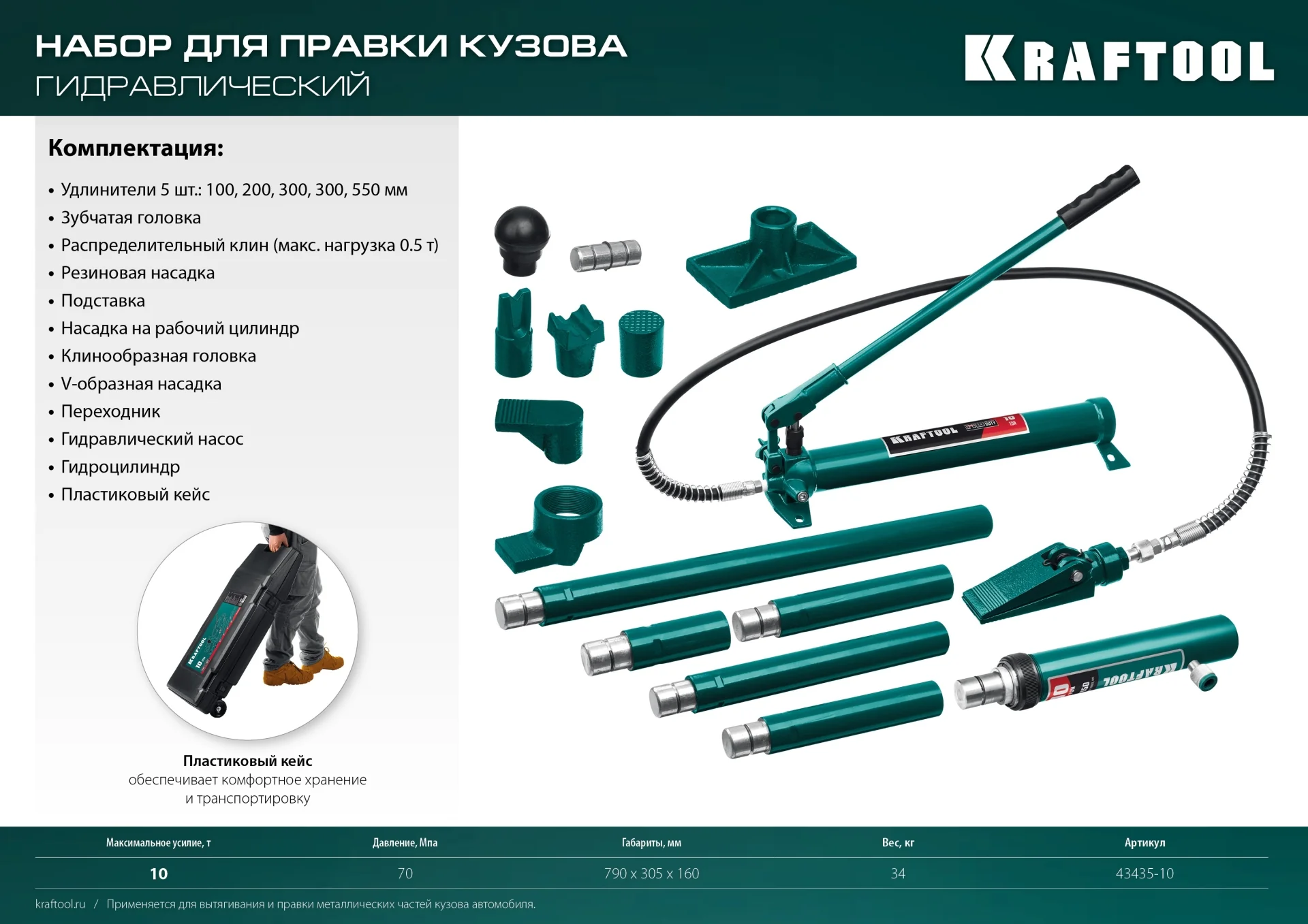 Набор для правки кузова KRAFTOOL 10 т, в пластиковом кейсе (43435-10)