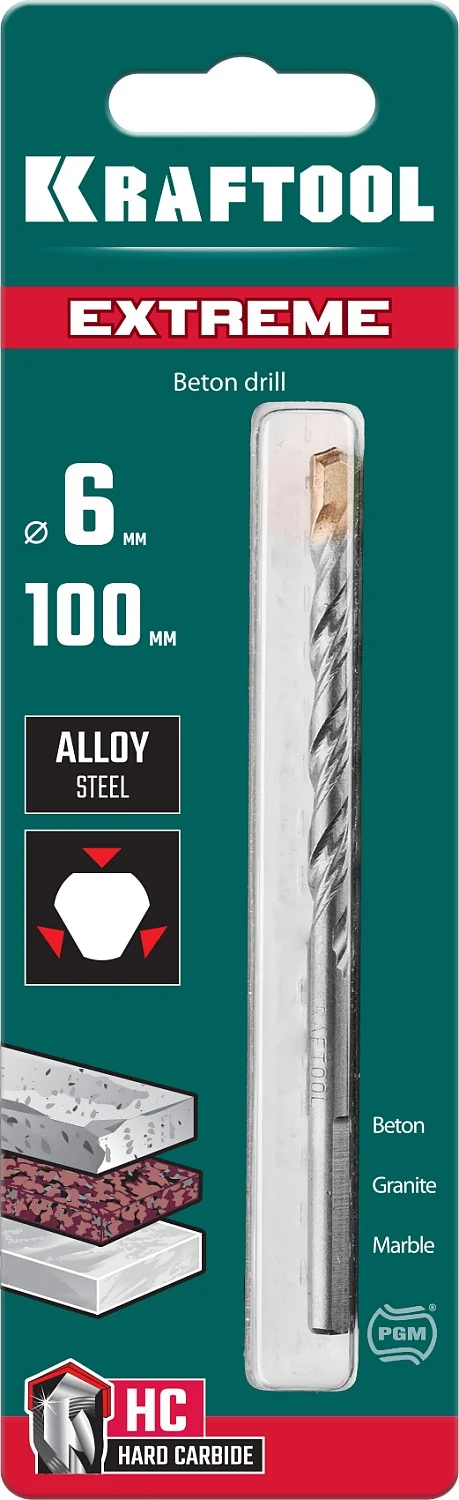 Сверло по бетону KRAFTOOL 29166-100-06 Extreme, 6 х 100 мм, трехгранный хвостовик