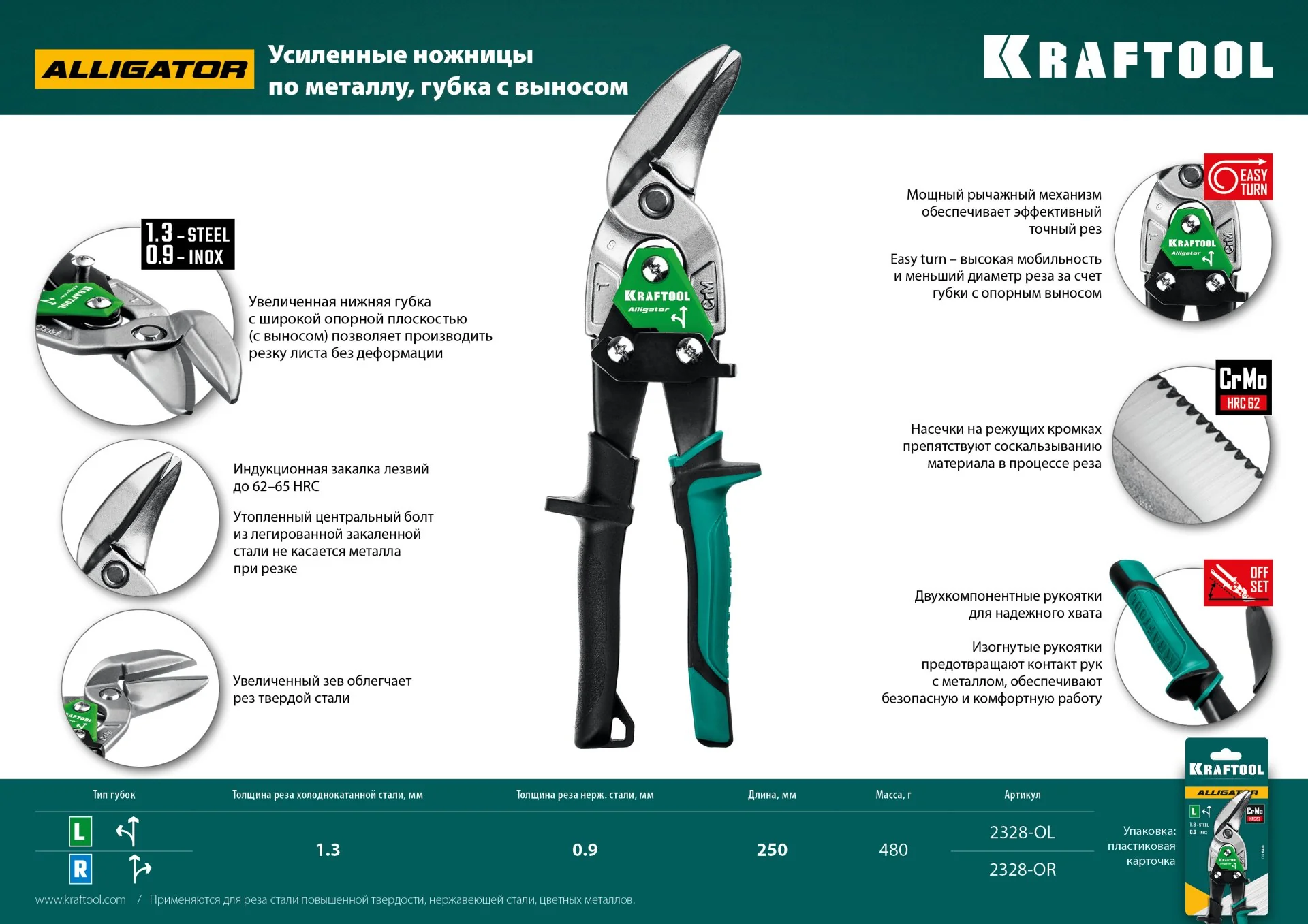 Правые усиленные ножницы по металлу с выносом KRAFTOOL Alligator, 250 мм (2328-OR)