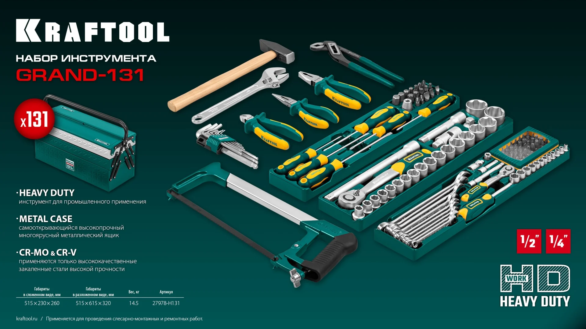Универсальный набор инструмента KRAFTOOL GRAND-131, 131 предм., (1/2″+1/4″) (27978-H131)