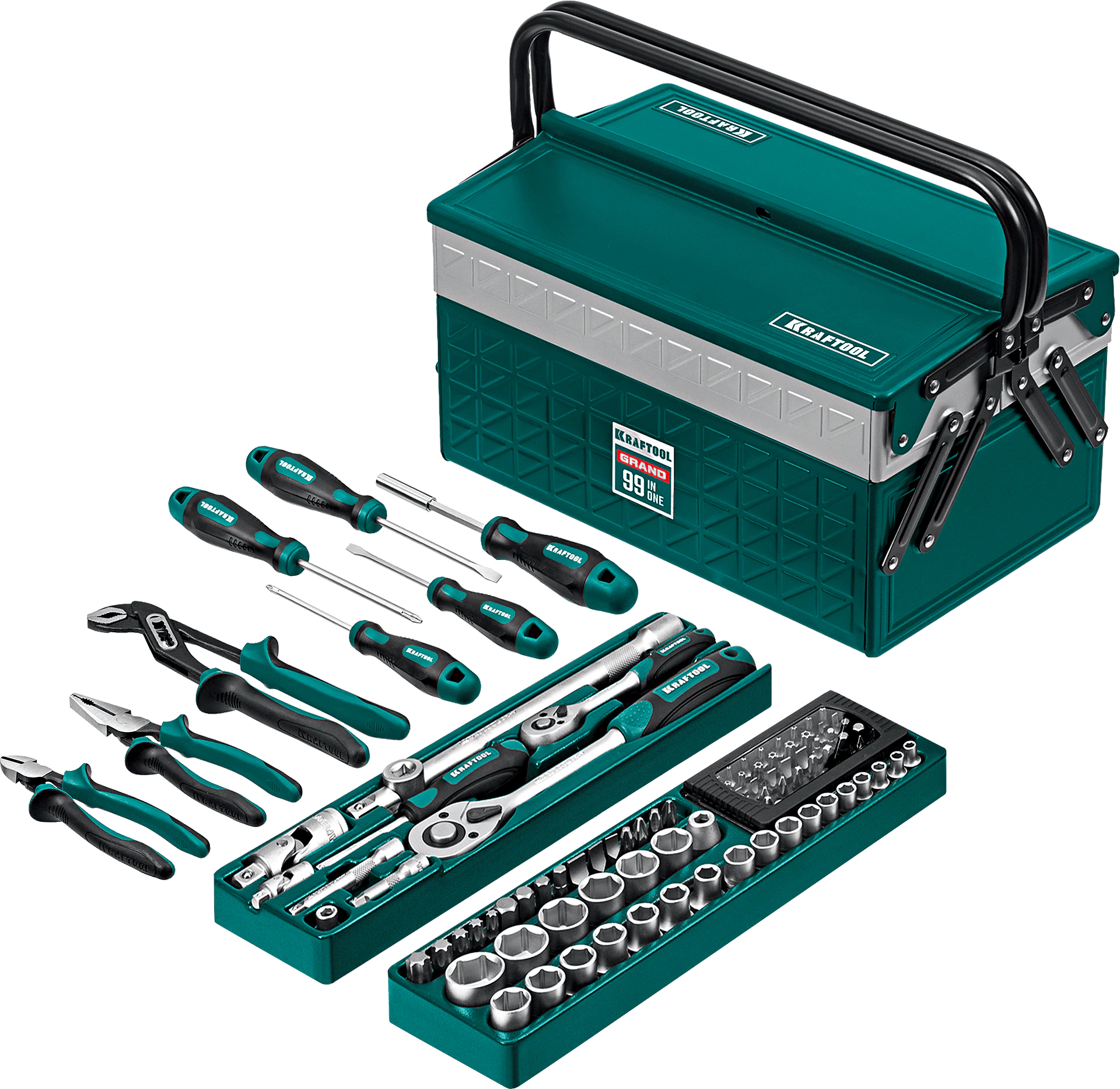 Универсальный набор инструмента KRAFTOOL GRAND-99, 99 предм., (1/2″+1/4″) (27978-H99)