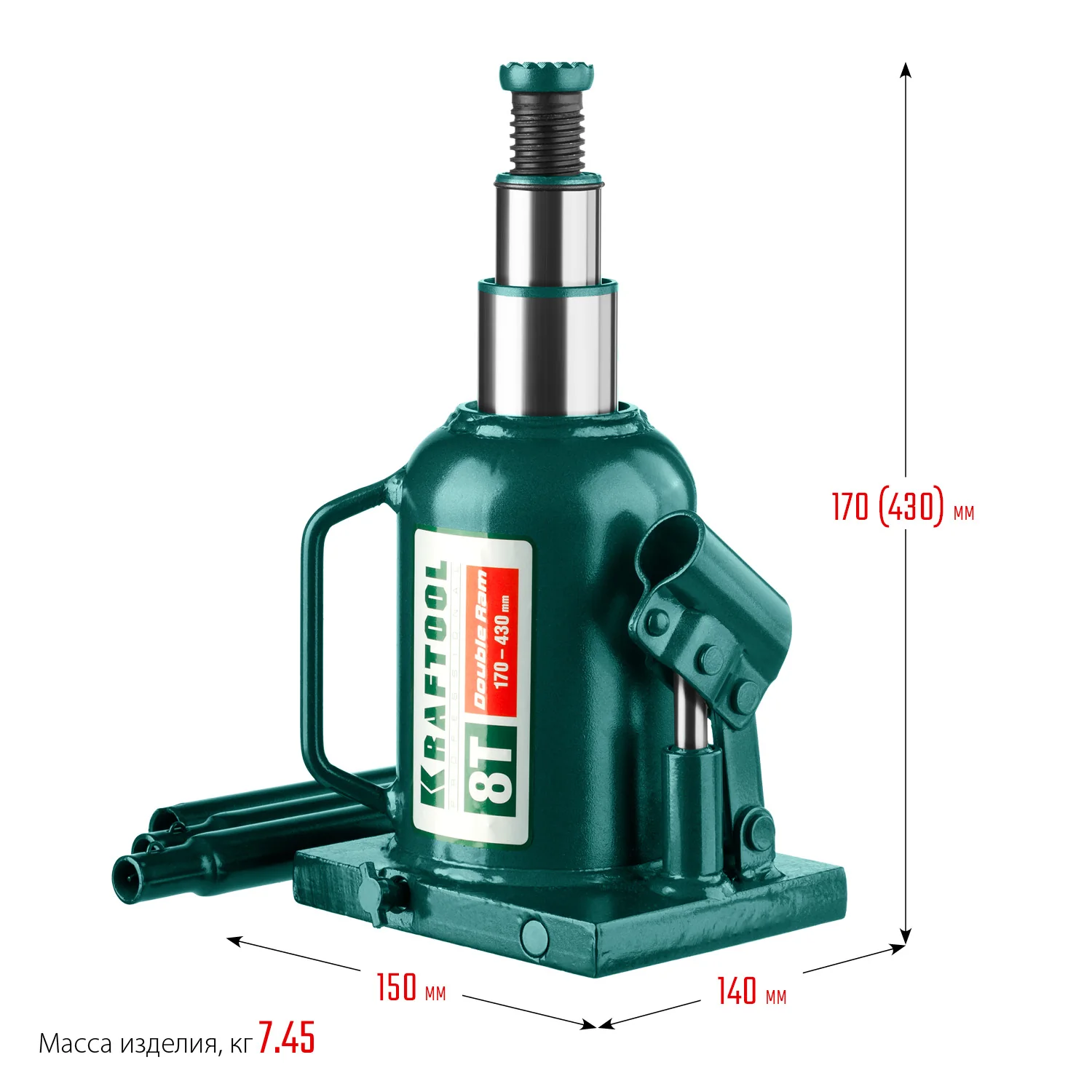Домкрат бутылочный двухштоковый KRAFTOOL 8 т, 170 - 430 мм, с увеличенным подъемом (43463-8)