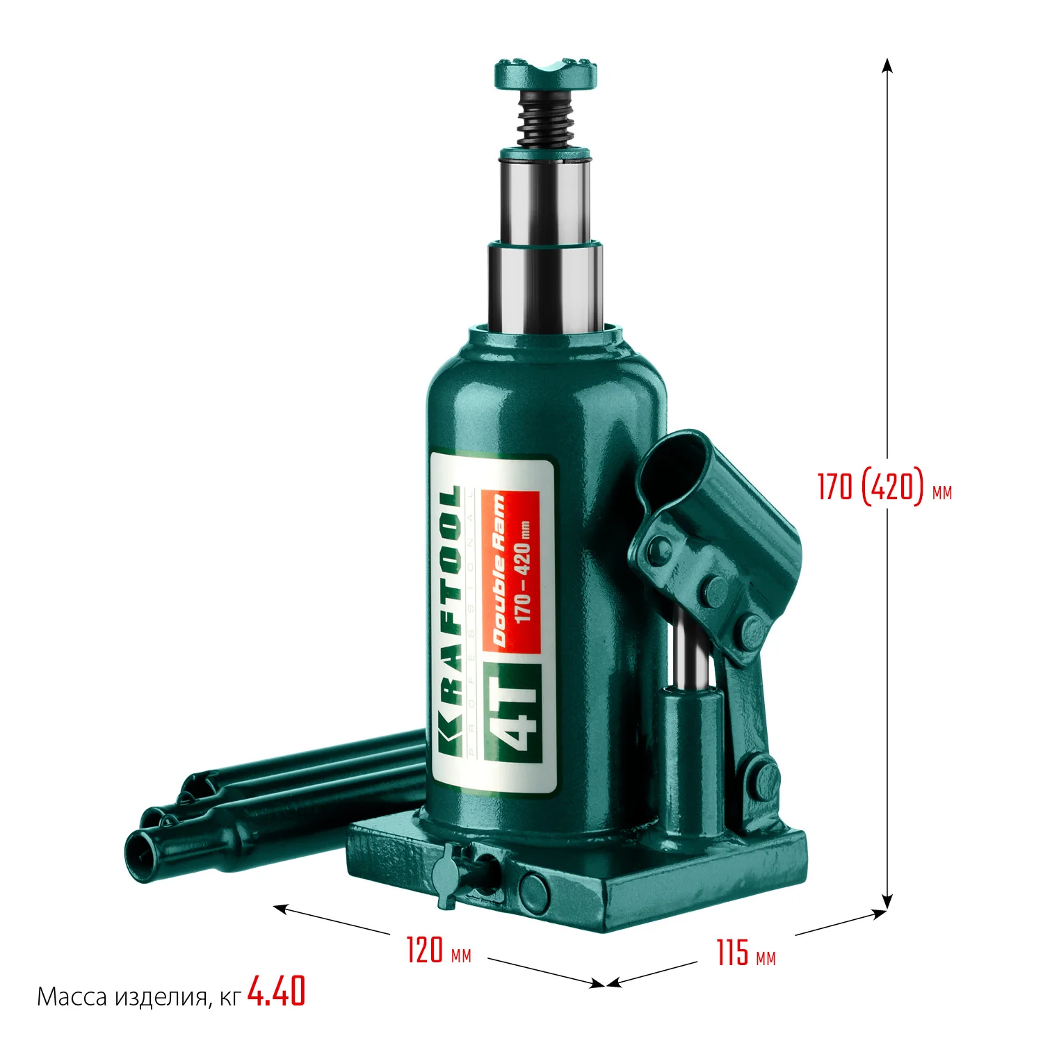 Домкрат бутылочный двухштоковый KRAFTOOL 4 т, 170 - 420 мм, с увеличенным подъемом (43463-4)