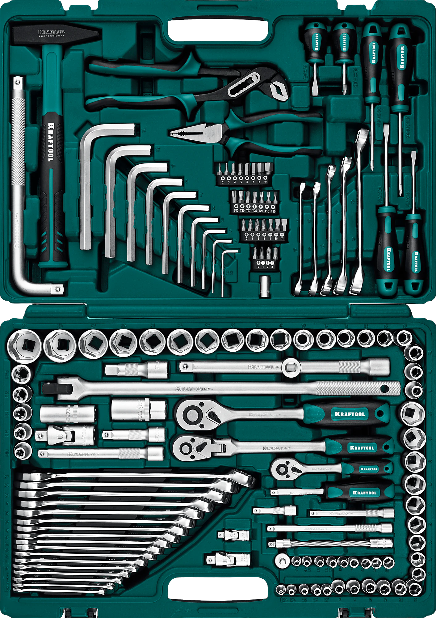 Универсальный набор инструмента KRAFTOOL EXTREM-142, 142 предм., (1/2″+3/8″+1/4″) (27889-H142)