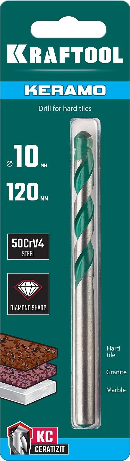 Сверло по керамограниту KRAFTOOL 29175-120-10 Keramo, 10 х 120 мм, тв.сплав КС