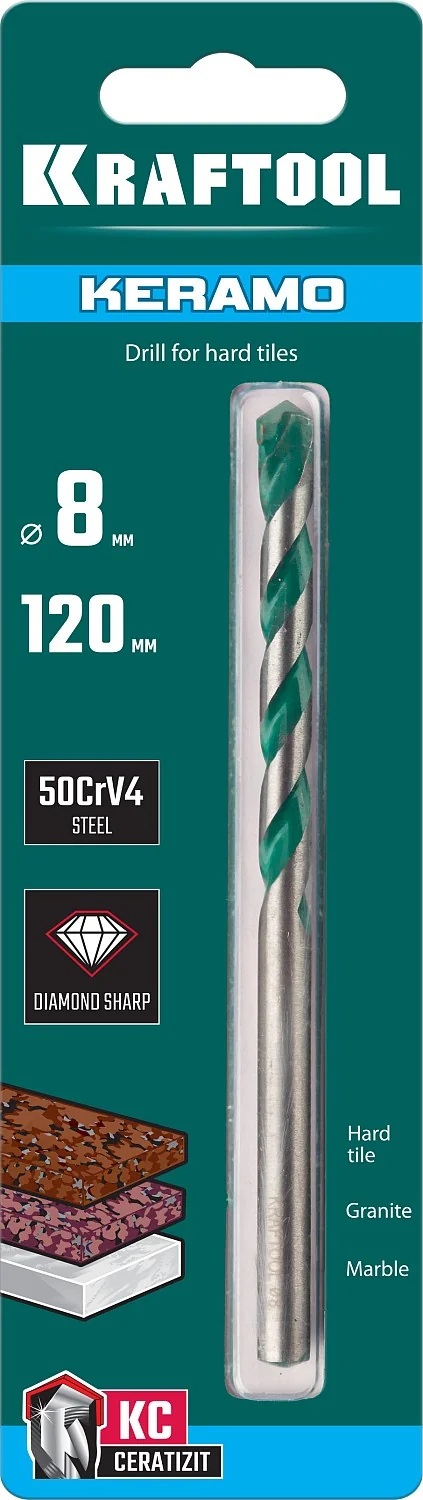 Сверло по керамограниту KRAFTOOL 29175-120-8 Keramo, 8 х 120 мм, тв.сплав КС