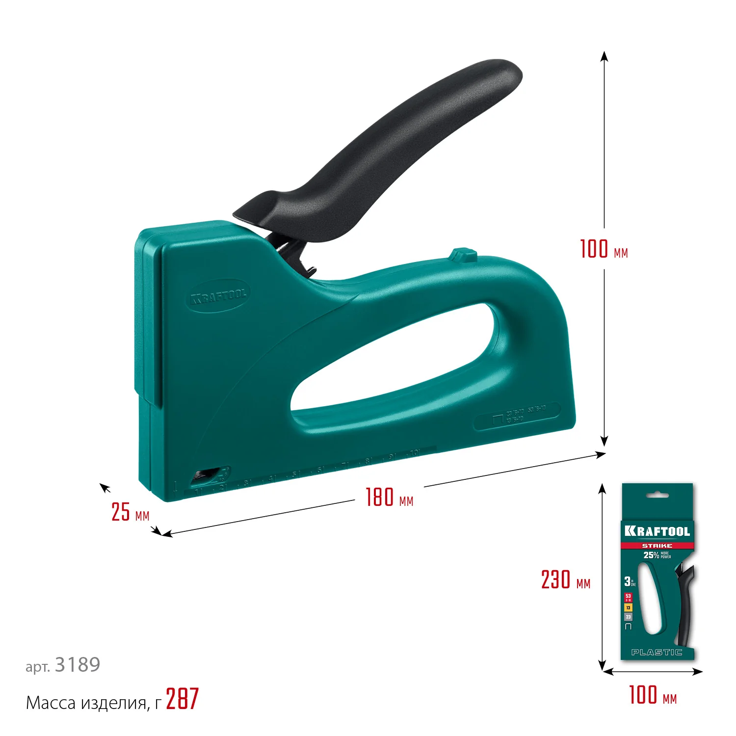 Степлер KRAFTOOL STRIKE 53, 3-в-1: тип 53 (A/10/JT21) 23GA (6 - 10 мм)/13/23, пластиковый мощный (3189)