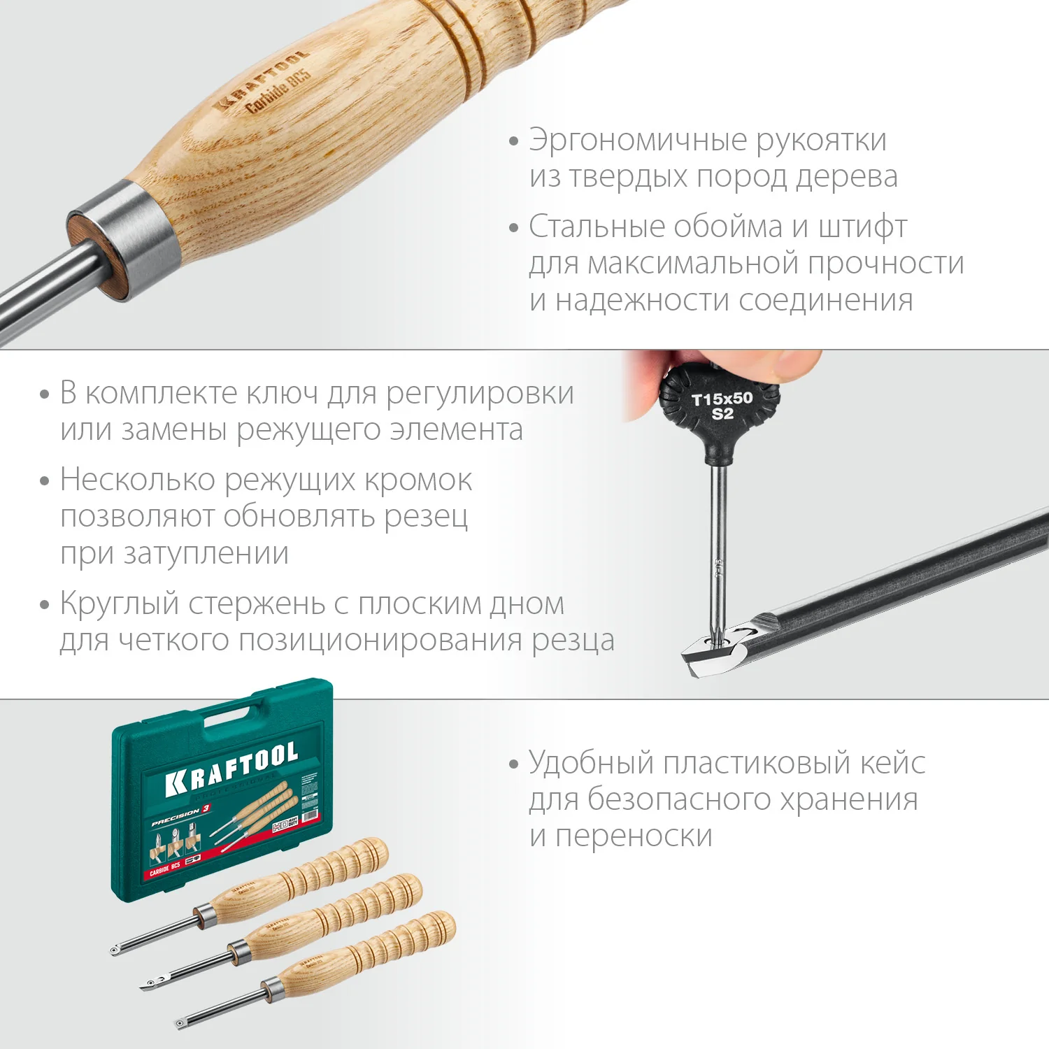 Набор ручных резцов по дереву KRAFTOOL Precision-3, 3 предм. (18369)