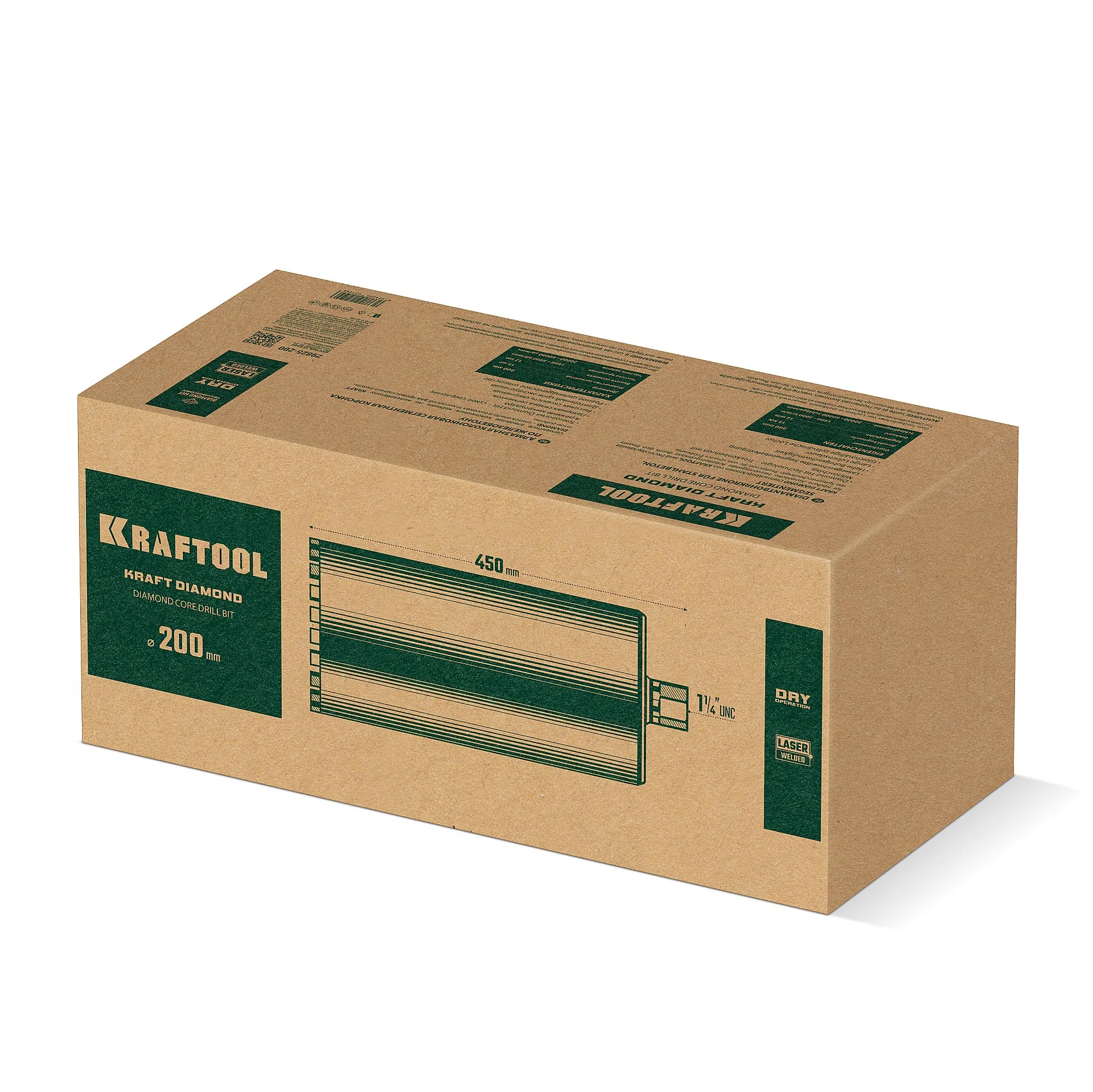 Алмазная коронка по железобетону KRAFTOOL 29825-200 DIAMOND 200 мм (450 мм, 1 1/4″, лазерная сварка сегментов)