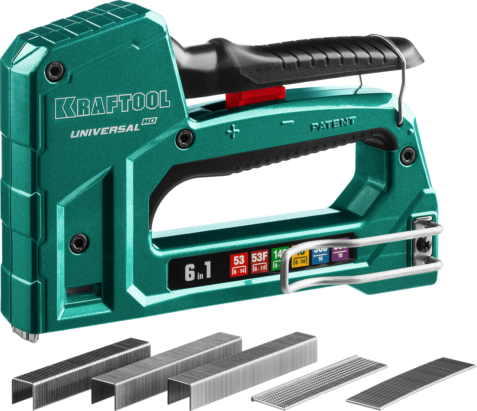 Степлер KRAFTOOL Universal-HD, 6-в-1: 53 (A/10/JT21) 23GA (6 - 14 мм)/140 (G/11/57) 20GA (8 - 14 мм)/13/53F/300/500, 