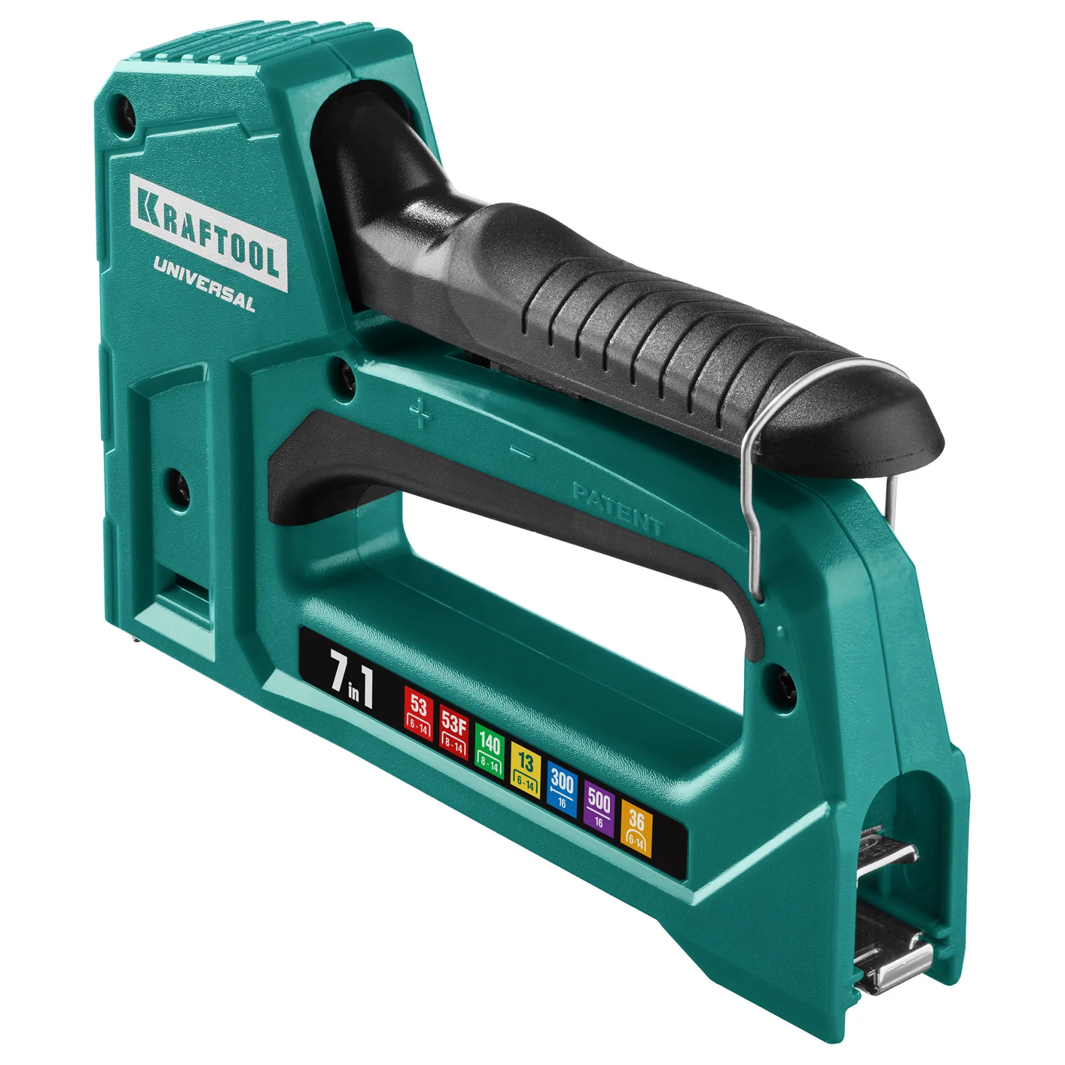 Степлер KRAFTOOL Universal, 7-в-1: 53 (A/10/JT21) 23GA (6 - 14 мм)/140 (G/11/57) 20GA (8 - 14 мм)/13/53F/36/500, унив